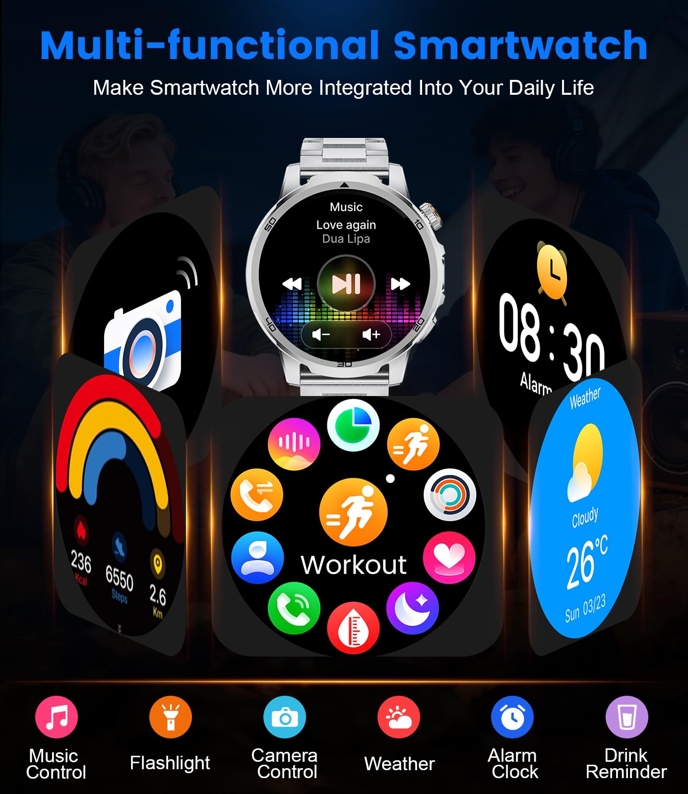 Smartwatch Uomo, 1,85 Pollici HD Display con Chiamate Bluetooth/1000 mAh/Torcia, Frequenza Cardiaca/Sonno, 110+ Modalità Sportive, Orologio Smartwatch Compatibile con Android e iOS, Argento