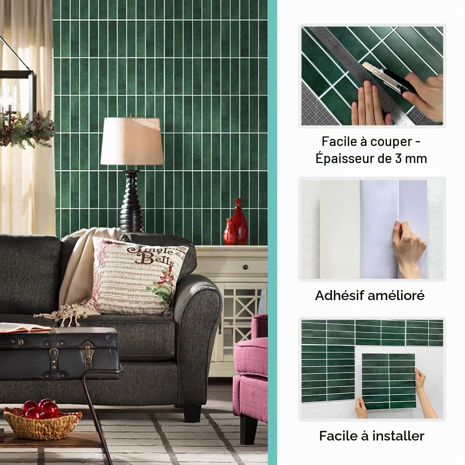 Commomy Credence Adhesive pour Cuisine Salle de Bain, Mat Vert Foncé, Faux Carrelage Adhesif Mural Cuisine Dalle PVC Adhesive Murale, 10 Pièces, 30 x 30 cm