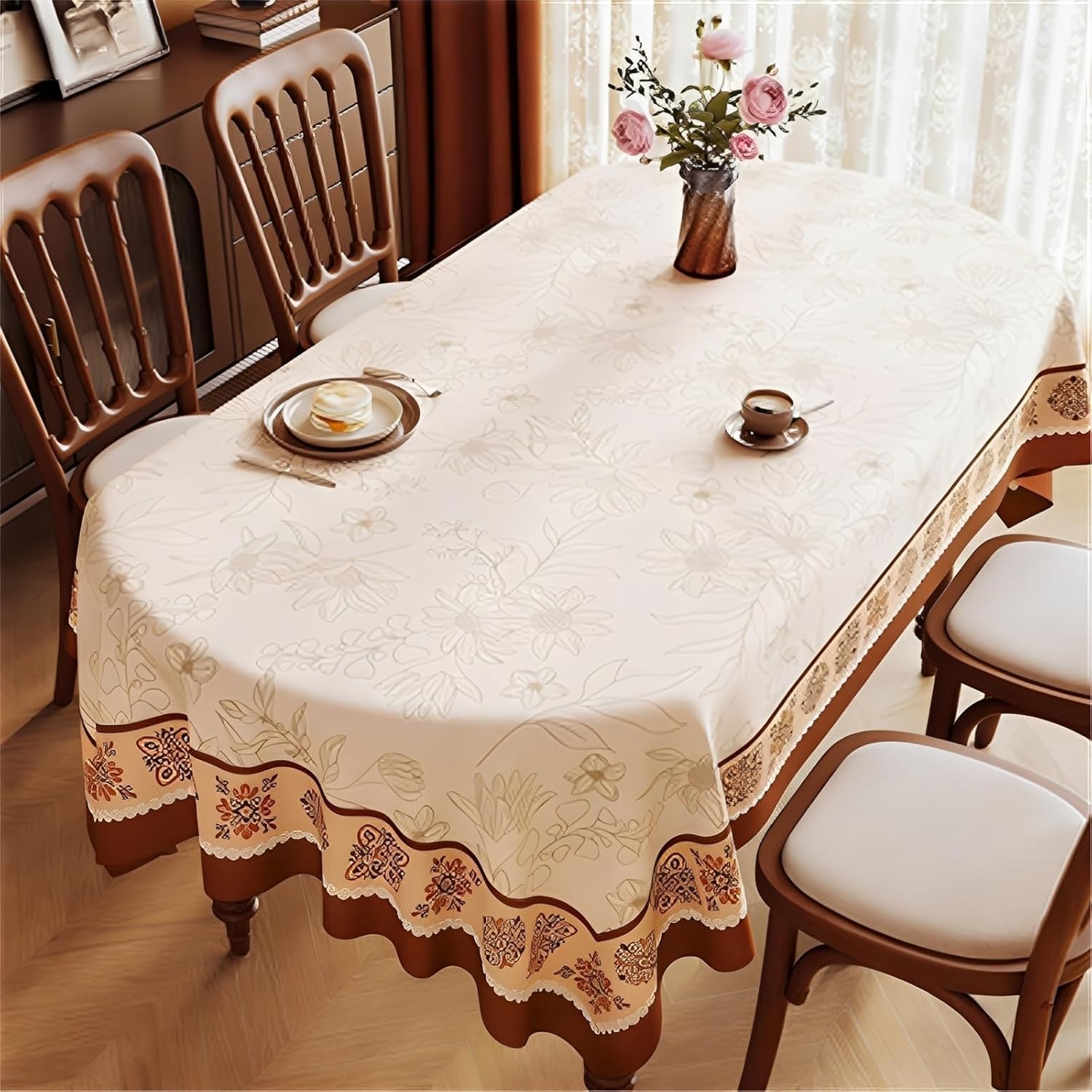 KIJyfgTR Floral-print, Wipe-clean Oval Tablecloth Ideal For Outdoor Garden Parties(Braun,140x180cm)