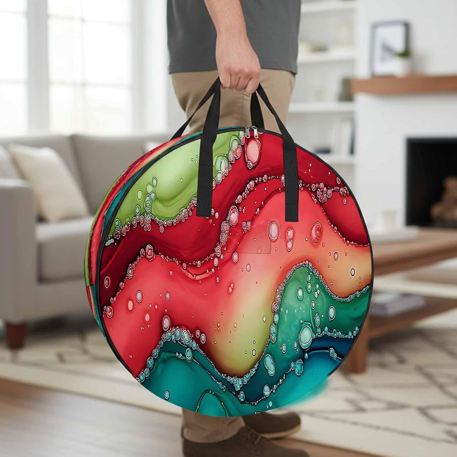 Watercolors Red Blue Green Round Storage Bag 36 Inch, Modern Art Clothes Storage Container with Handles Heavy Duty Organizer for Comforter, Bedding & Holiday Wreaths