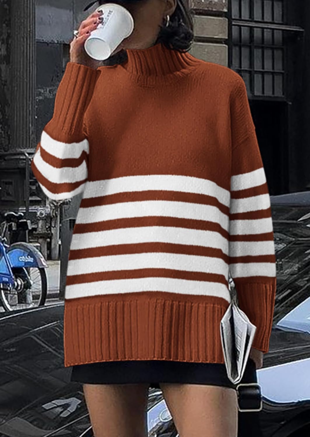 PRETTYGARDEN Women Oversized Striped Turtleneck Sweater 2025 Fall Fashion Long Sleeve Pullover Winter Chunky Knit Jumper Tops - Image 5