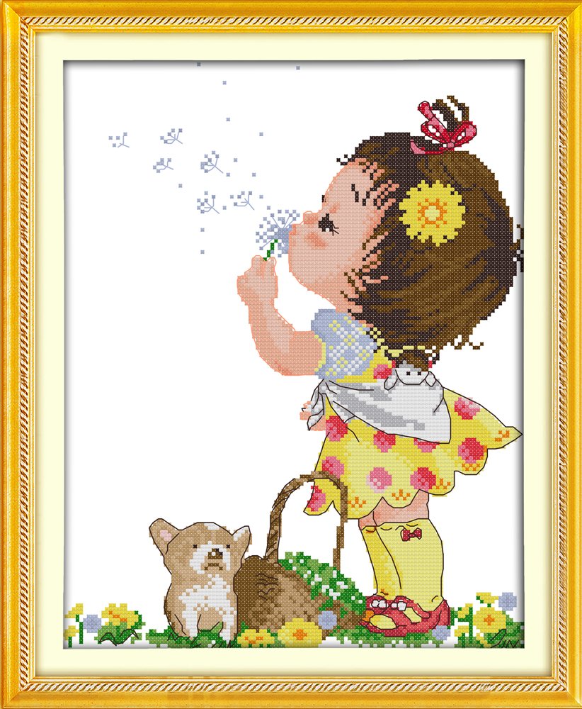 Awesocrafts Puppy Cross Stitch Kits, Dandelion Easy Patterns Cross Stitching Embroidery Kit Supplies, Stamped Options For Adults Beginners (Stamped)