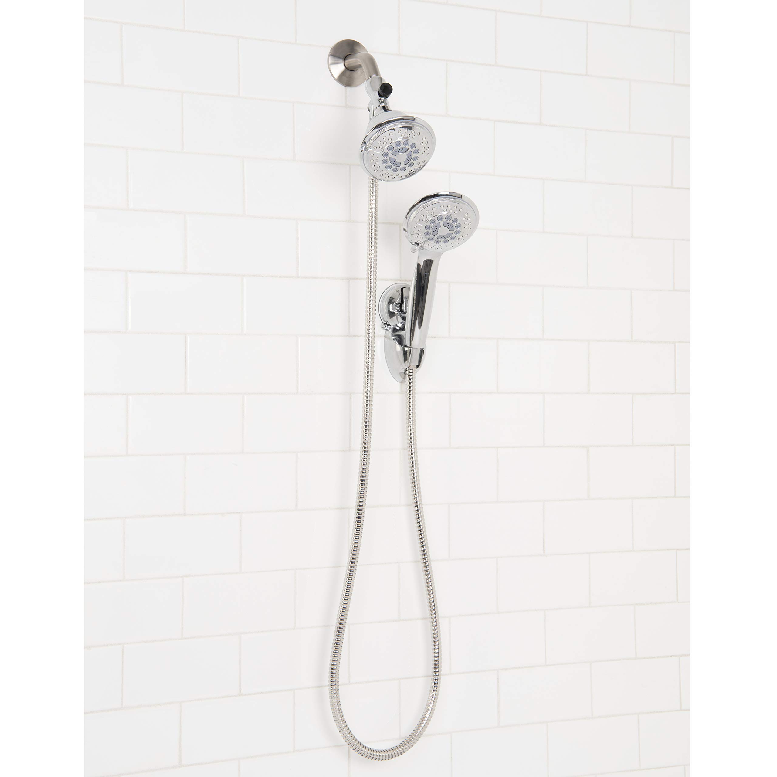 Bath Bliss Cabezal de ducha doble de lujo de 5 funciones, cabezal de ducha de mano, manguera de acero inoxidable de 5 pies, cabezal de ducha montado en la pared, soporte de montaje, lluvia, masaje,