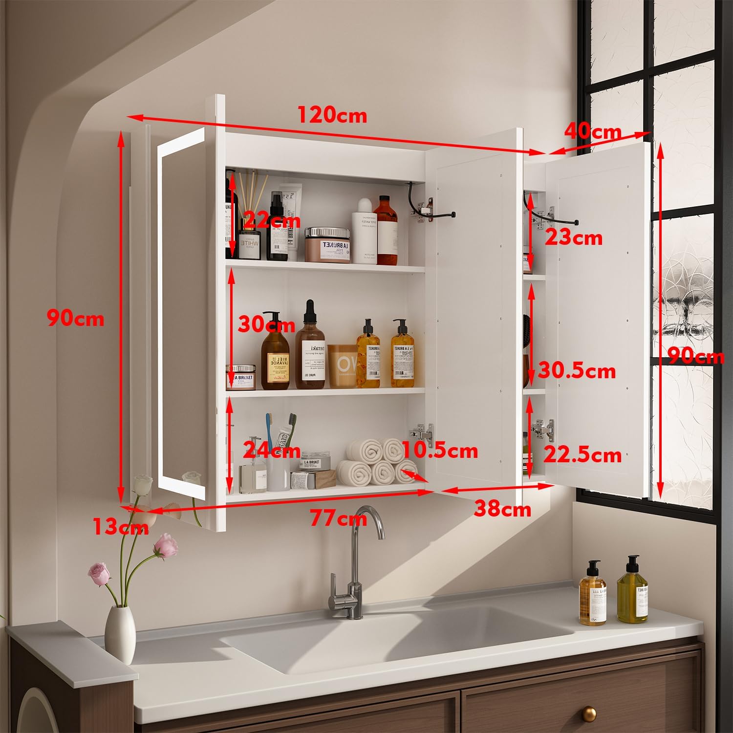 Armario de Baño con Espejo LED, Mueble Espejo de 3 Puertas con Luz, Interruptor Táctil y Estantes, 120 x 15 x 90 cm