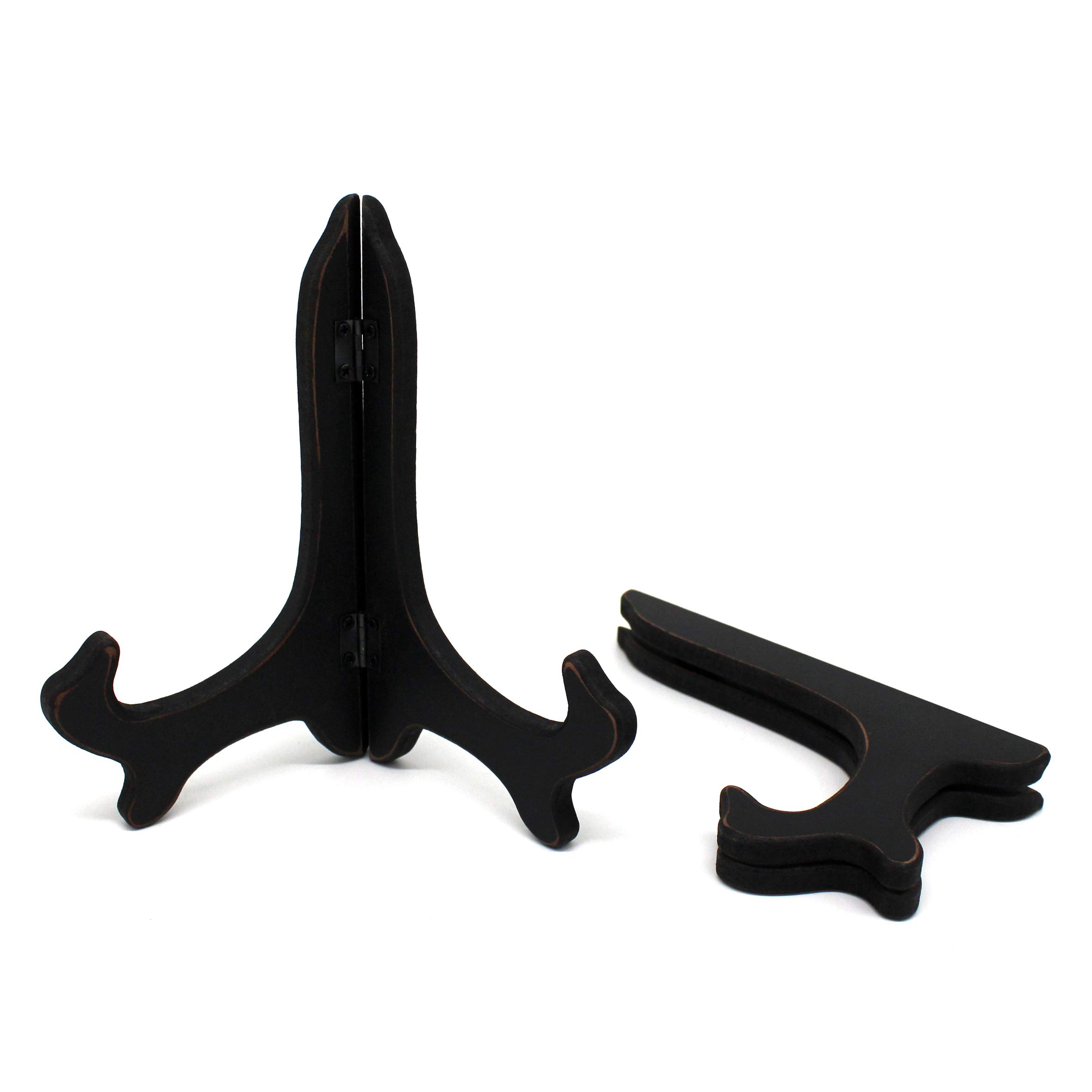 CVHOMEDECO. Vintage Distressed Black Decorative Wooden Plates Rack Wood Easels Holder Folding Display Stand Home Décor Art, 7 Inch, Set of 2.
