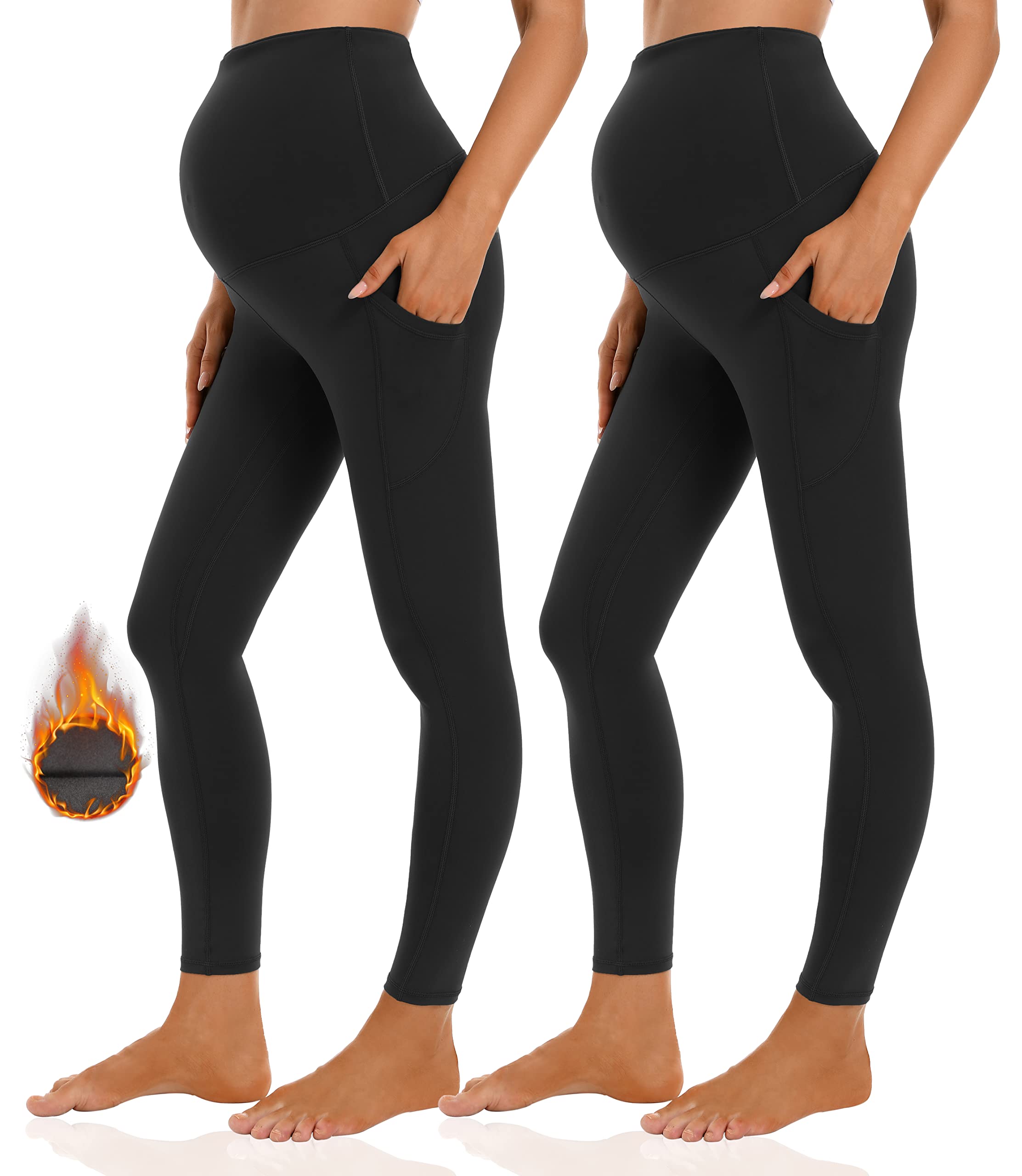 Foucome Women's Maternity Fleece Lined Leggings with Pockets Over The Belly Pregnancy Winter Warm Workout Yoga Pants