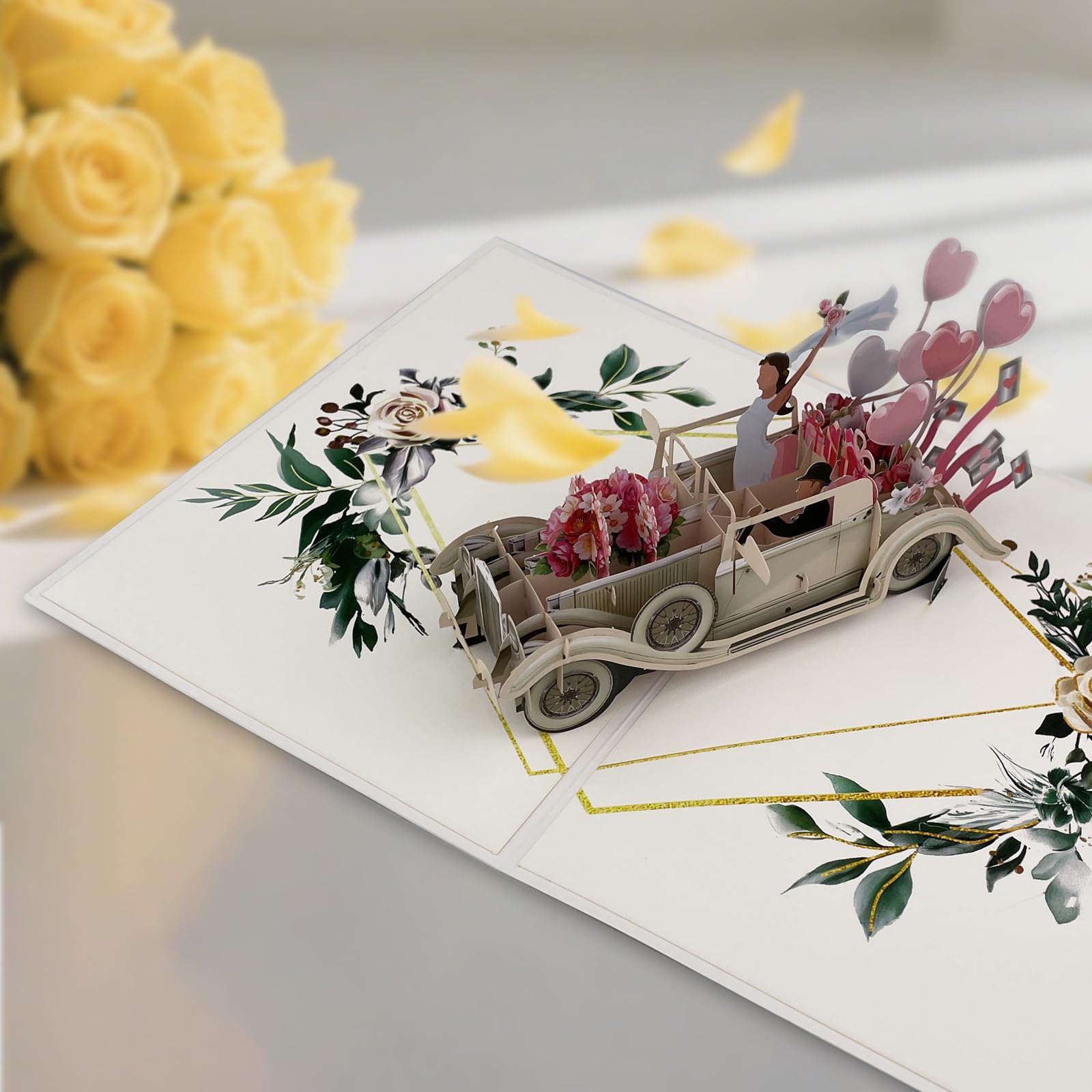 Elegante Biglietto Pop-Up 3D con Auto Just Married per Matrimonio, Regalo in Denaro per Viaggio di Nozze