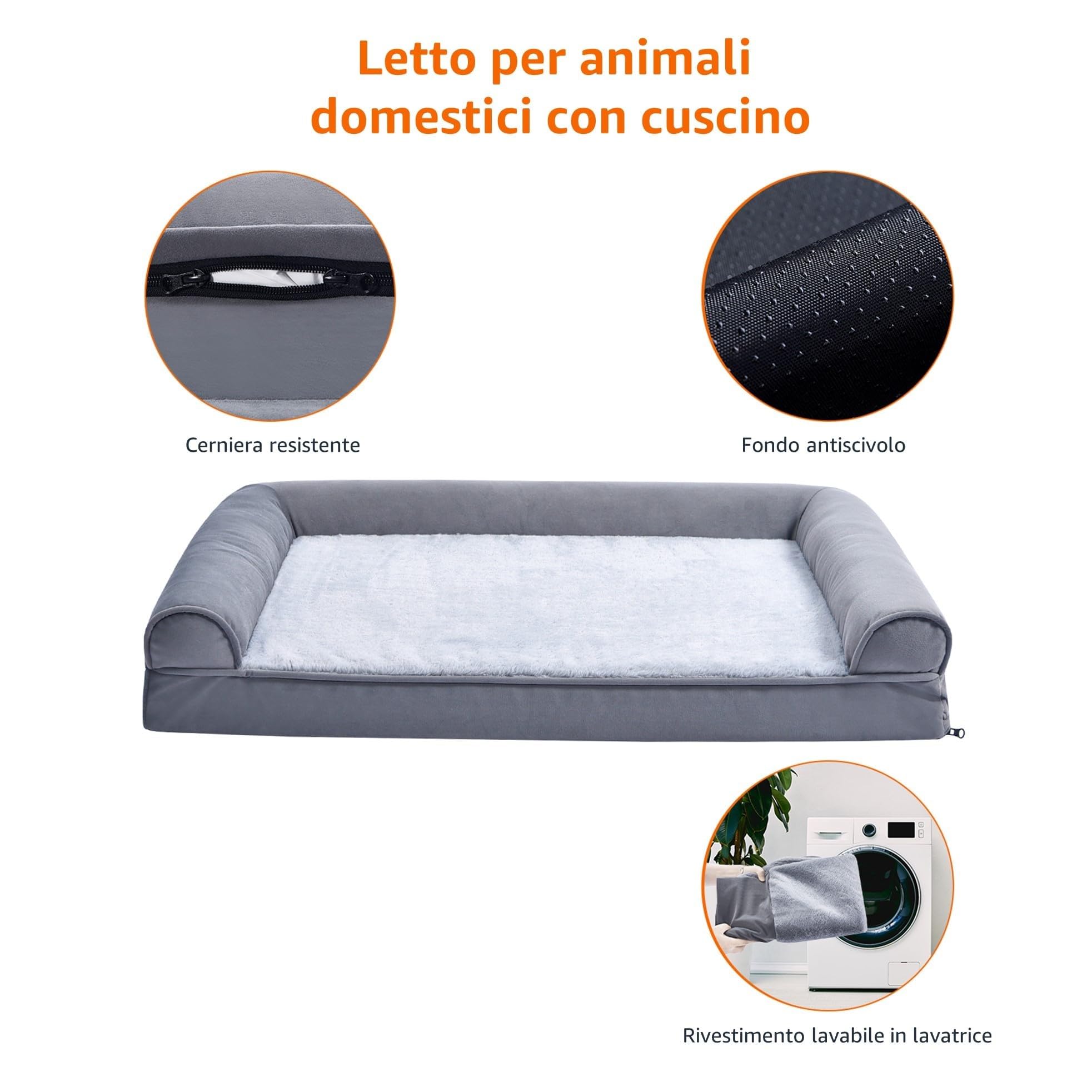 Amazon Basics Lettino per Cane e Animali Domestici, Simile a Un divanetto, in Schiuma, con Fodera Rimovibile, Adatto per Il Soggiorno, Grigio, 112 x 89 x 20 cm (L x W x H)