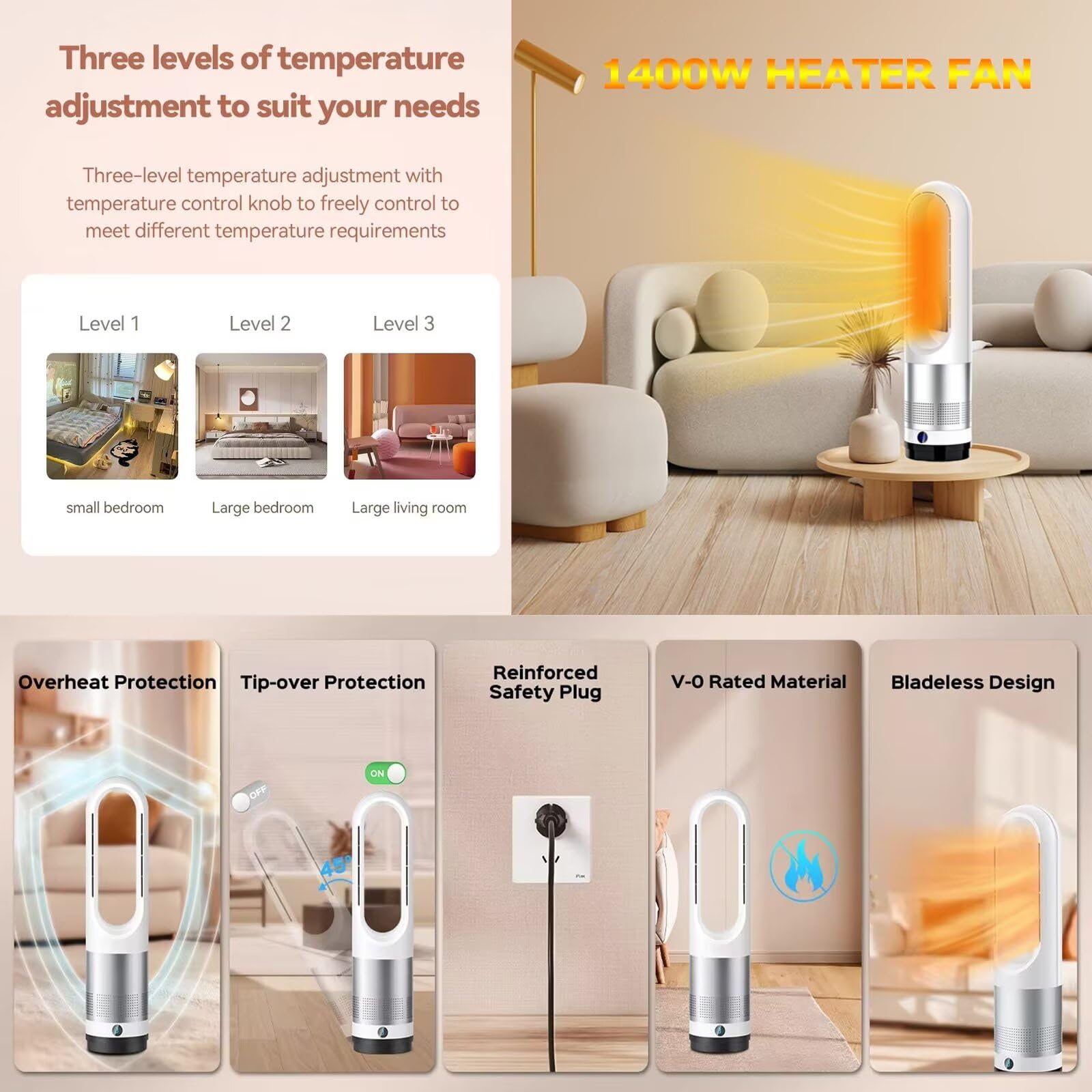 Ventilatore Torre Caldo Freddo 1400W Portatile Senza Pale Alto 22" circolazione dell'Aria oscillante Tavolo Base Pavimento Vento Regolabile Funzione Timer Intelligente