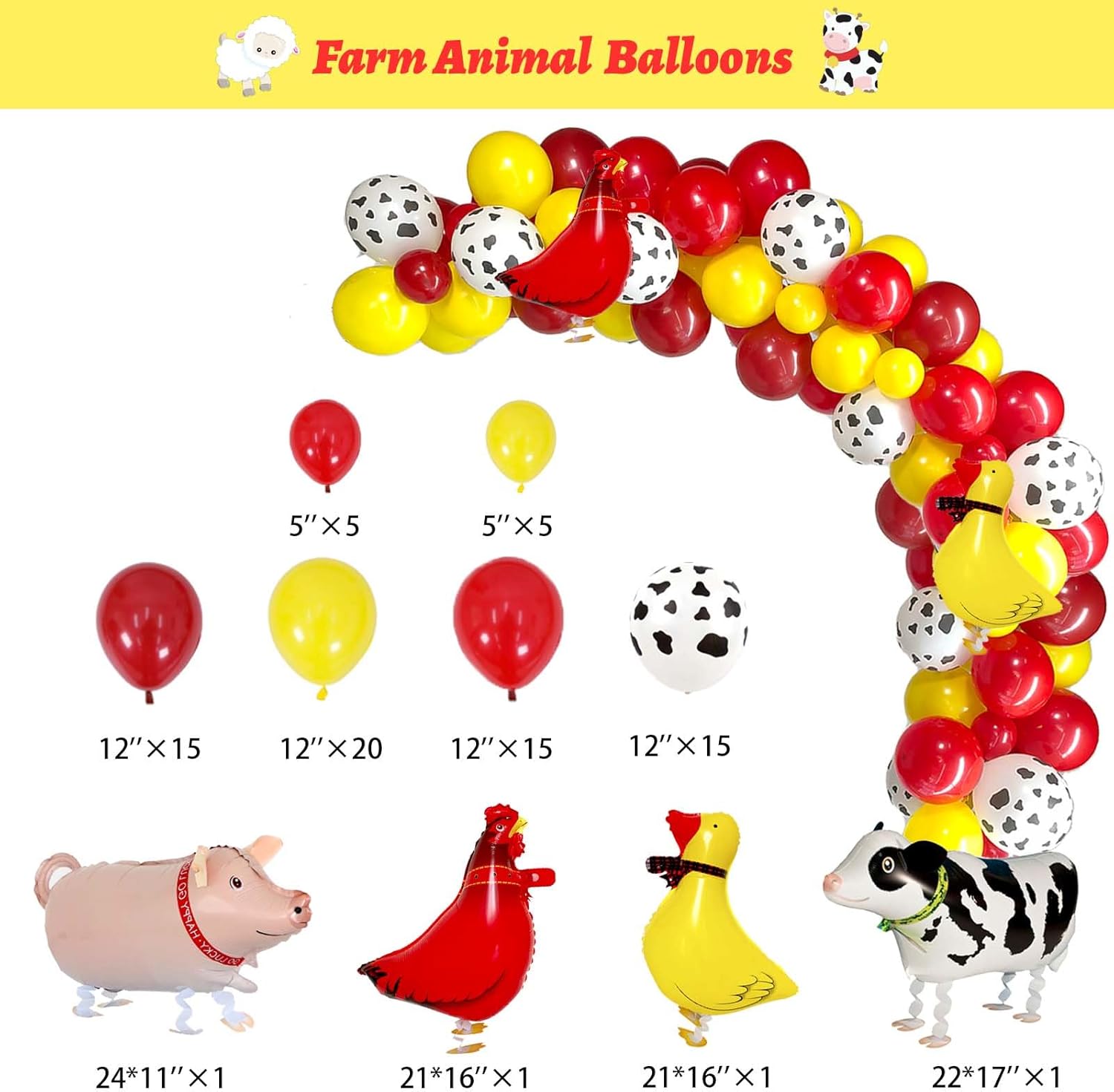 Farm Party Decorations, Farm Animal Themed Birthday Party Decorations Backdrop Balloon Arch Garland Banner Tablecloth Cake Cupcake Topper Barn Animals Red Yellow