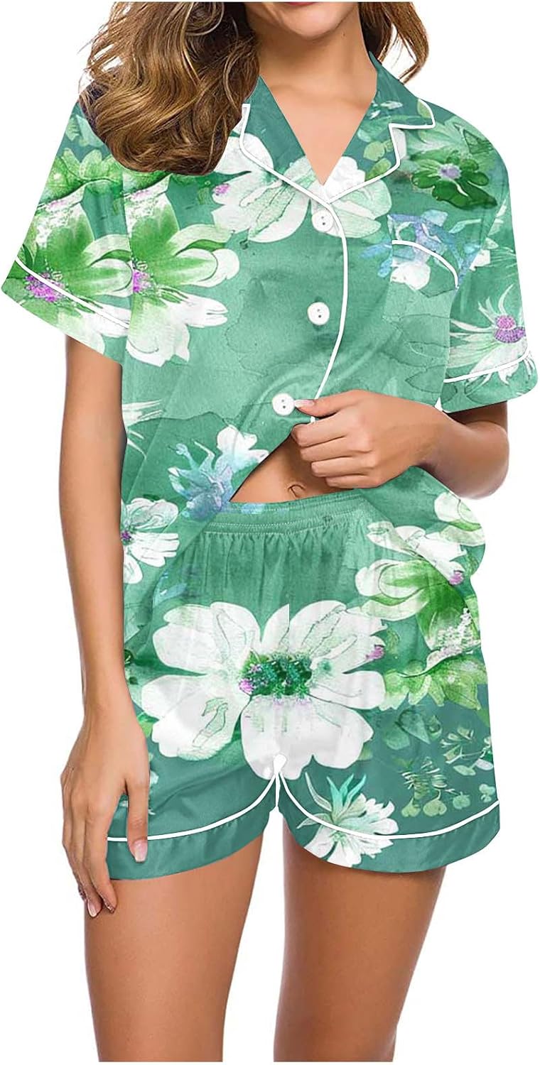 Pajamas Set for Women 2 Piece Floral Print Sleepwear Short Sleeve Top and Shorts Soft Pjs Lounge Set with Pockets