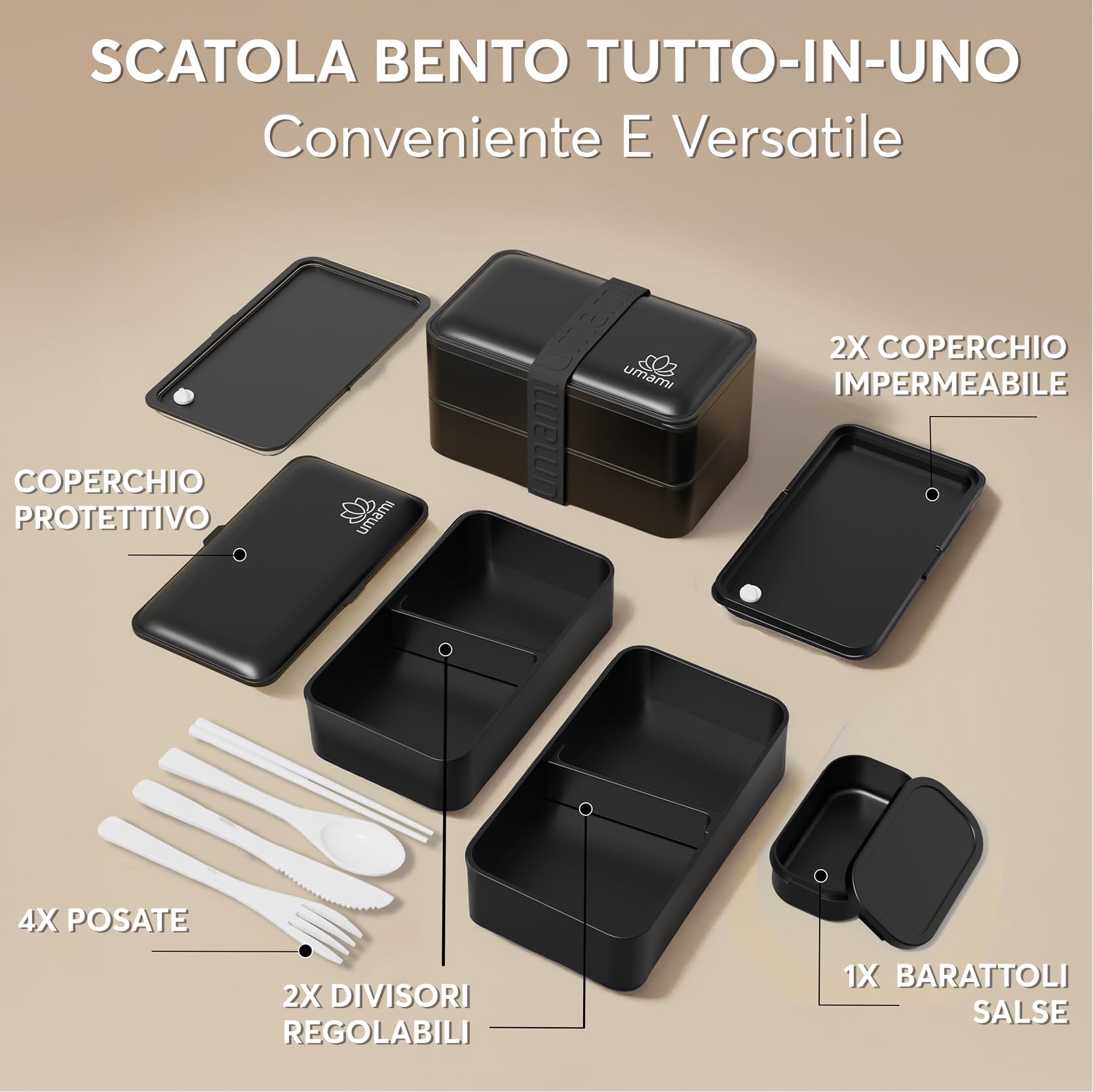 Umami Porta Pranzo, Sicuro per Microonde, Lavastoviglie, Portapranzo Ufficio, Bento Lunchbox Prova di Perdite per Adulti, Nero Opaco, 1200 ml