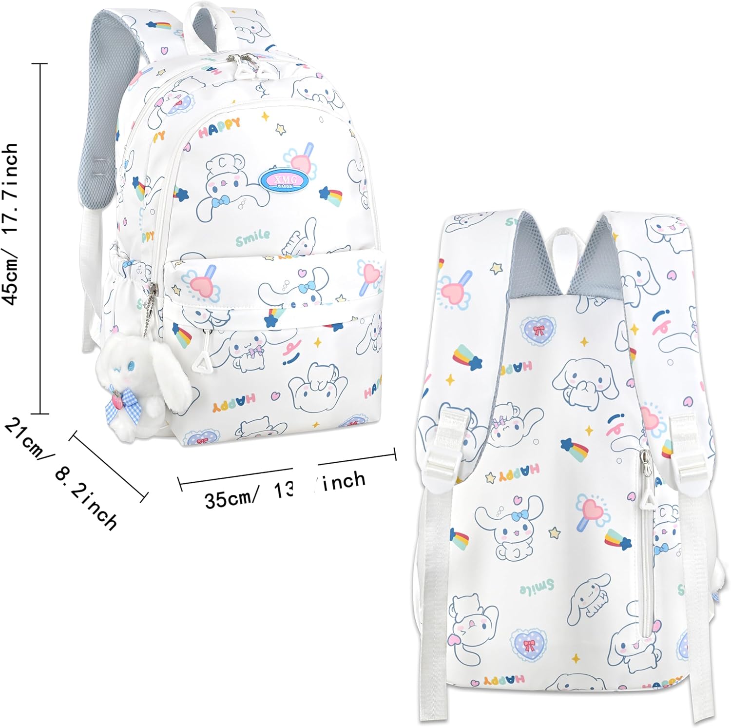 Roffatide Cartoon All Over Print Casual Backpack Laptop Backpack Bike Travel Hiking Rucksack Daypack White (With Cute Pendant)
