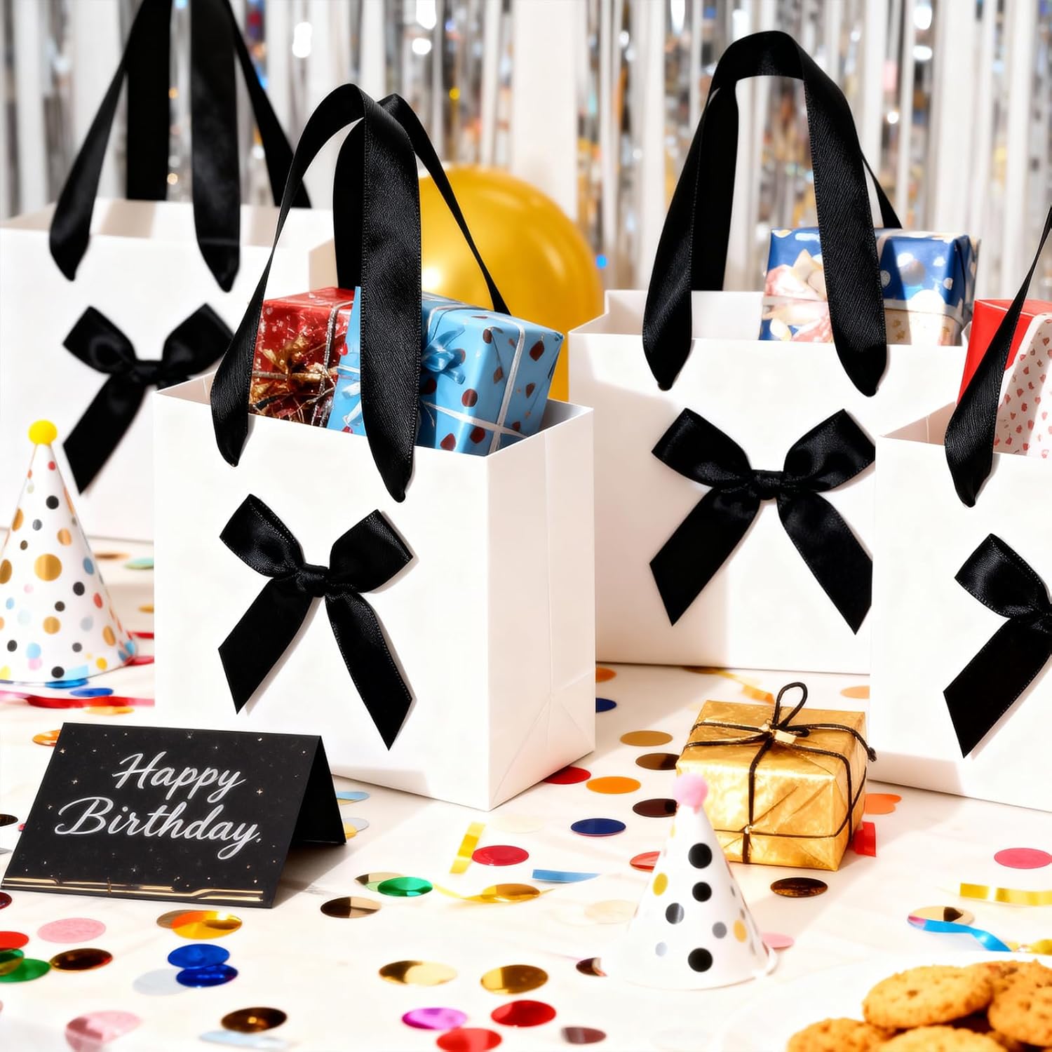 EQOREIIN 50 Pack Small Thank You Gift Bags with Bow Ribbon & Handles, 5.5x 2.5x4.7 Inch White Black Little Gift Bags for Baby Shower, Bridal Shower, Father's Day Party Favors - Image 3