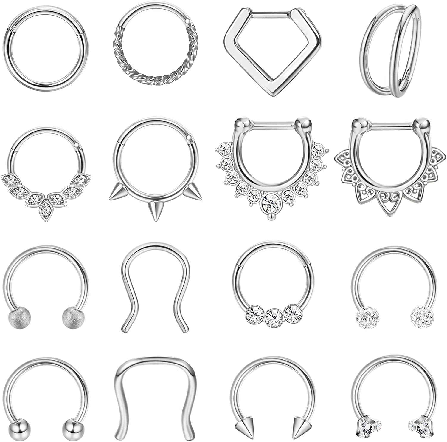 Adramata 16 Piezas de Acero Inoxidable Tabique Anillos de Nariz Aro CZ Cartílago Helix Tragus Pendientes Septum Clicker Piercing Joyería, 8MM,16G