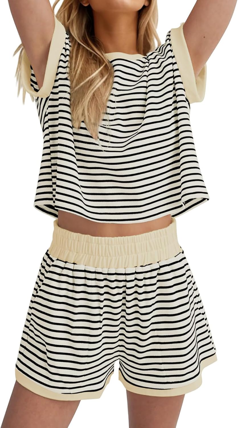 Womens 2 Piece Summer Loungewear Sets Striped Short Sleeve Tops and Elastic Waist Shorts Lounge Outfits