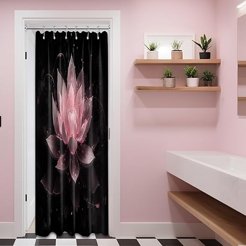 Miniatura 52 de Cortina de ducha negra y dorada con flores de loto amarillo dorado para juegos de decoración de baño, tela impermeable con ganchos, 70 x 72 pulgadas