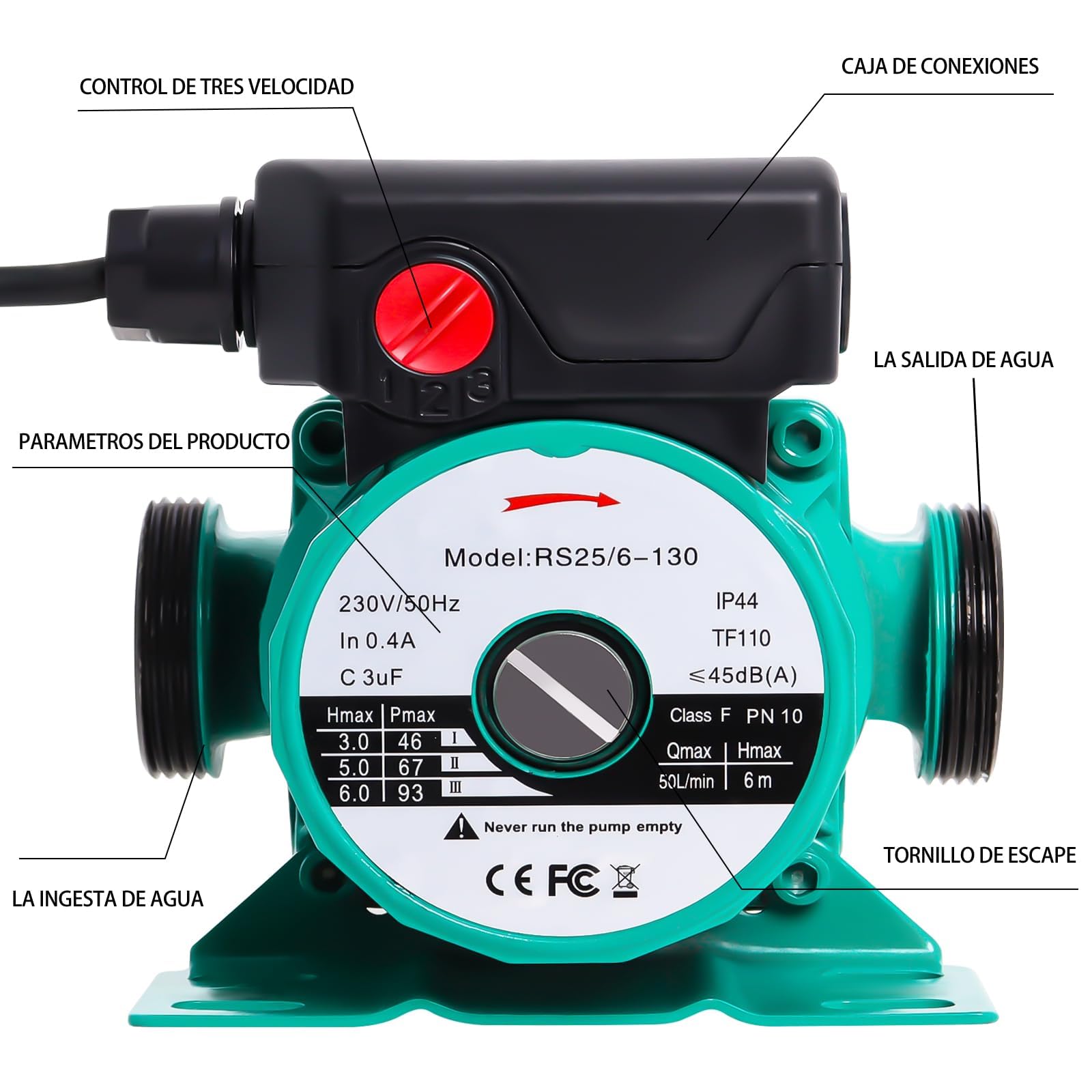 Bomba de Circulación de Agua Caliente RS25/6-130, RS25/6-1½" Bomba de Agua de Trasvase Doméstico, 46/67/93W Bomba de Refuerzo de Presión Poweka