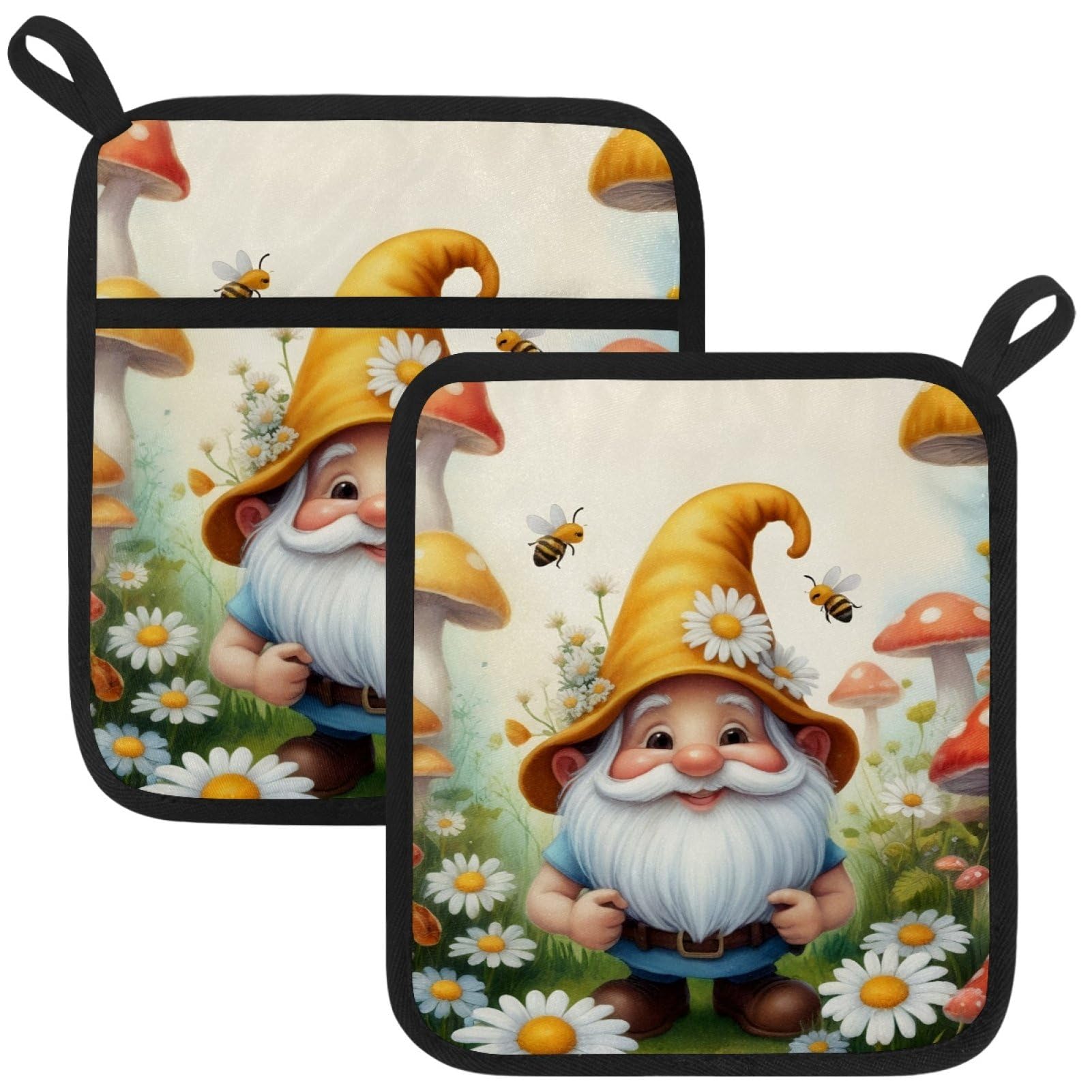 VAPOKF Gnome Mushroom Pot Holders with Pocket for Kitchen Heat Resistant Potholders Large Polyester-Cotton Square Oven Mitts Set