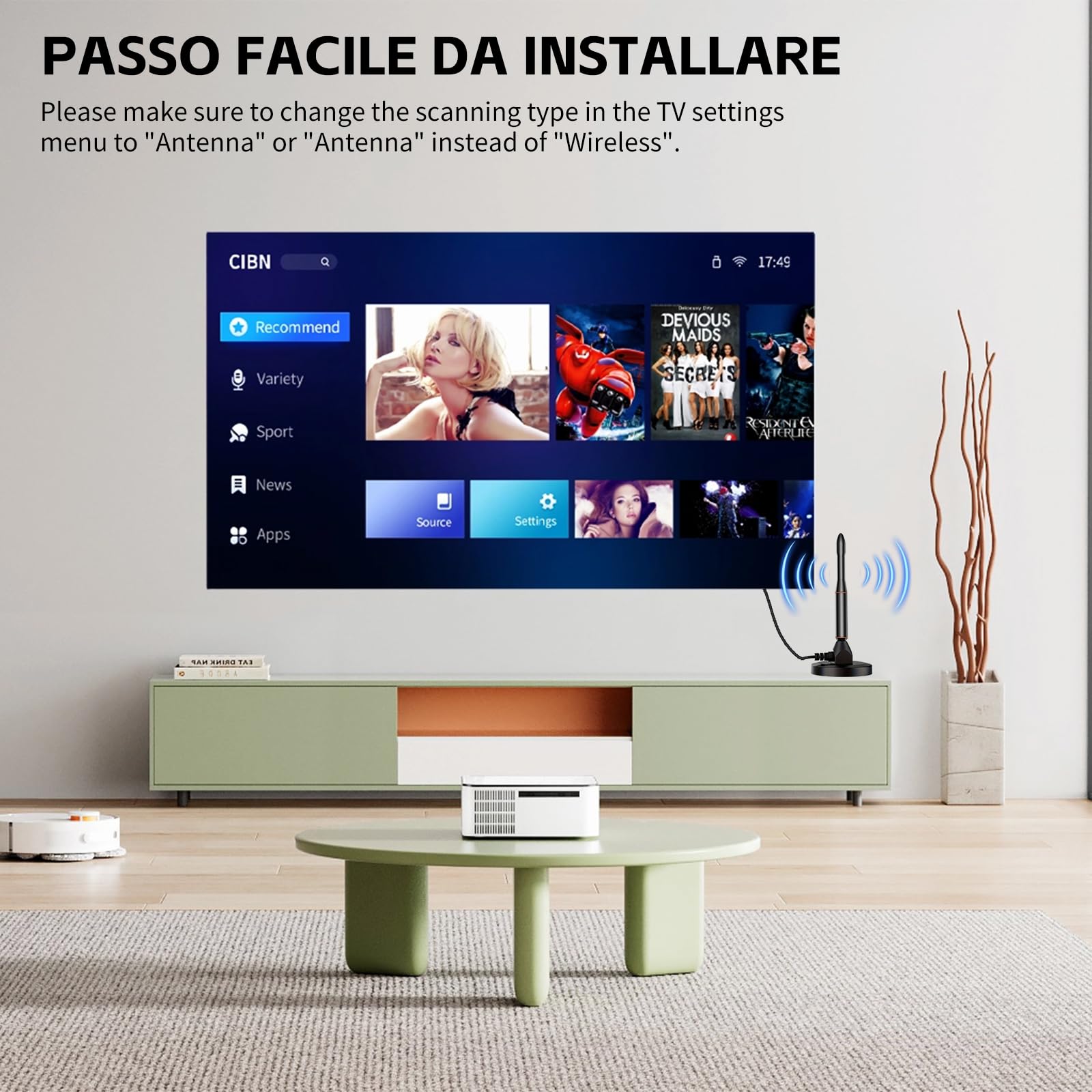 2026 Nuova Antenna Tv digitale Interna, Interni ed Esterni con Base Magnetica, Amplificatore di Segnale Support 4K HD/1080P/VHF/UHF per Home Smart Televisione/Radio, Cavo Coassiale 5M