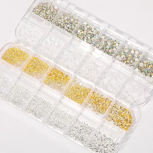 Miniatura 4 de 2 cajas de 12 rejillas de piedras preciosas doradas y plateadas multiformas para diamantes de imitación de uñas, 1090 gemas de diamantes de