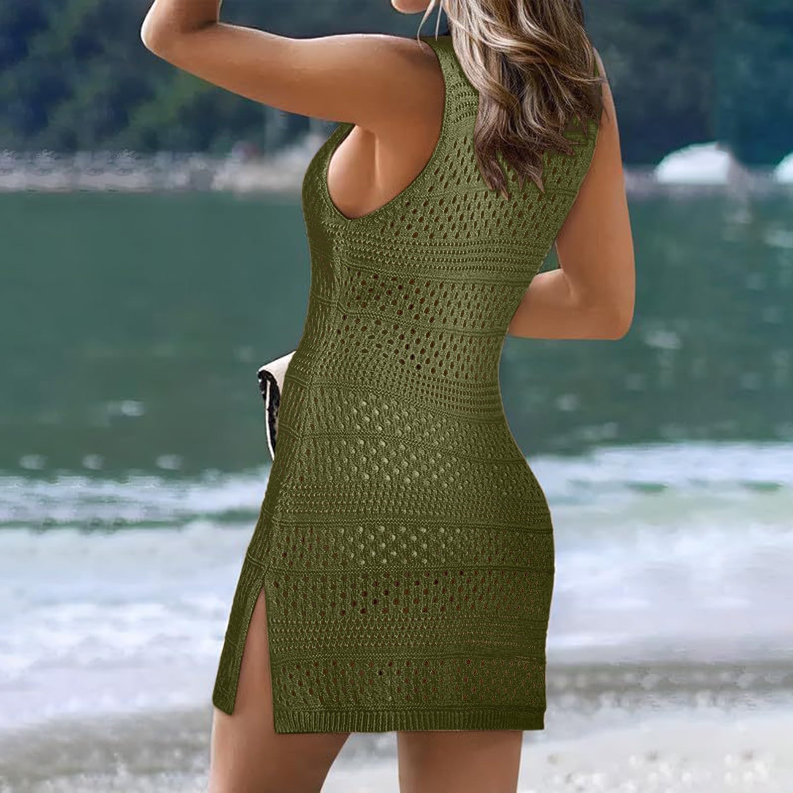 Generisch Vestido de ganchillo para mujer, vestido de playa para mujer, bikini para mujer, sexy, hueco, de punto, sin mangas, estilo bohemio, minivestido para playa, vacaciones, traje de baño