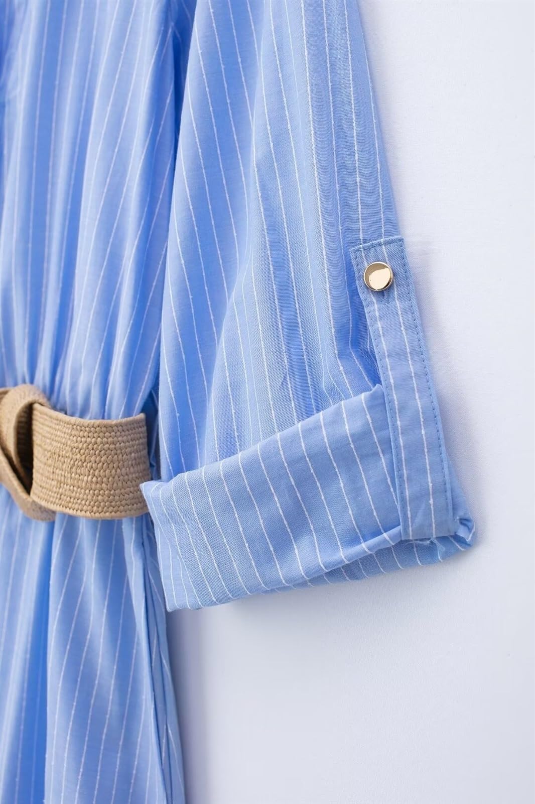 Women's Striped Midi Shirt Dress - Short Sleeve Button Down V-Neck A-Line Dress With Belt, Casual & Office Wear - View #4
