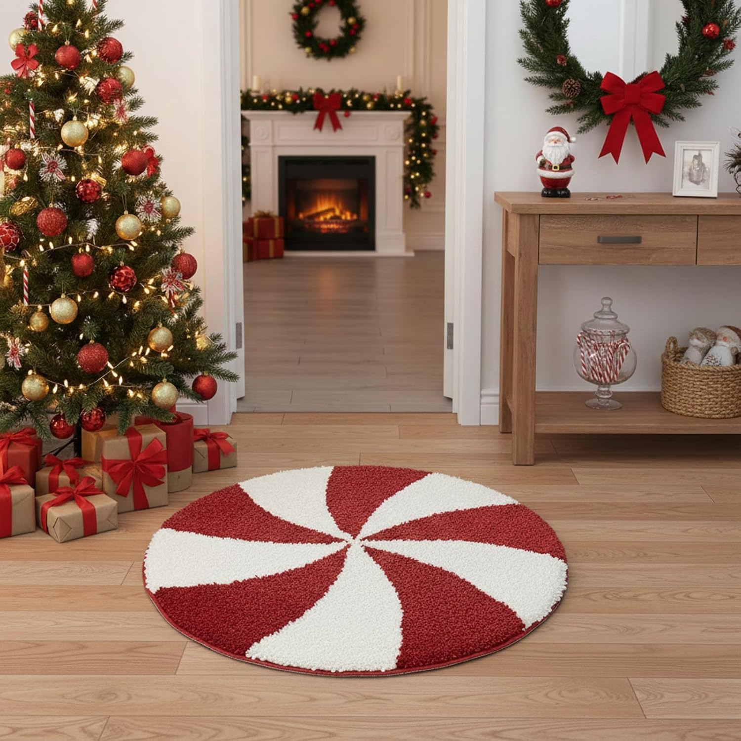 Christmas Bath Rugs for Bathroom Decor Red Christmas Candy Rug Candy Bath Mat Extra Soft Absorbent,Winter Themed Xmas Round Bathroom Rug for Holiday Décor