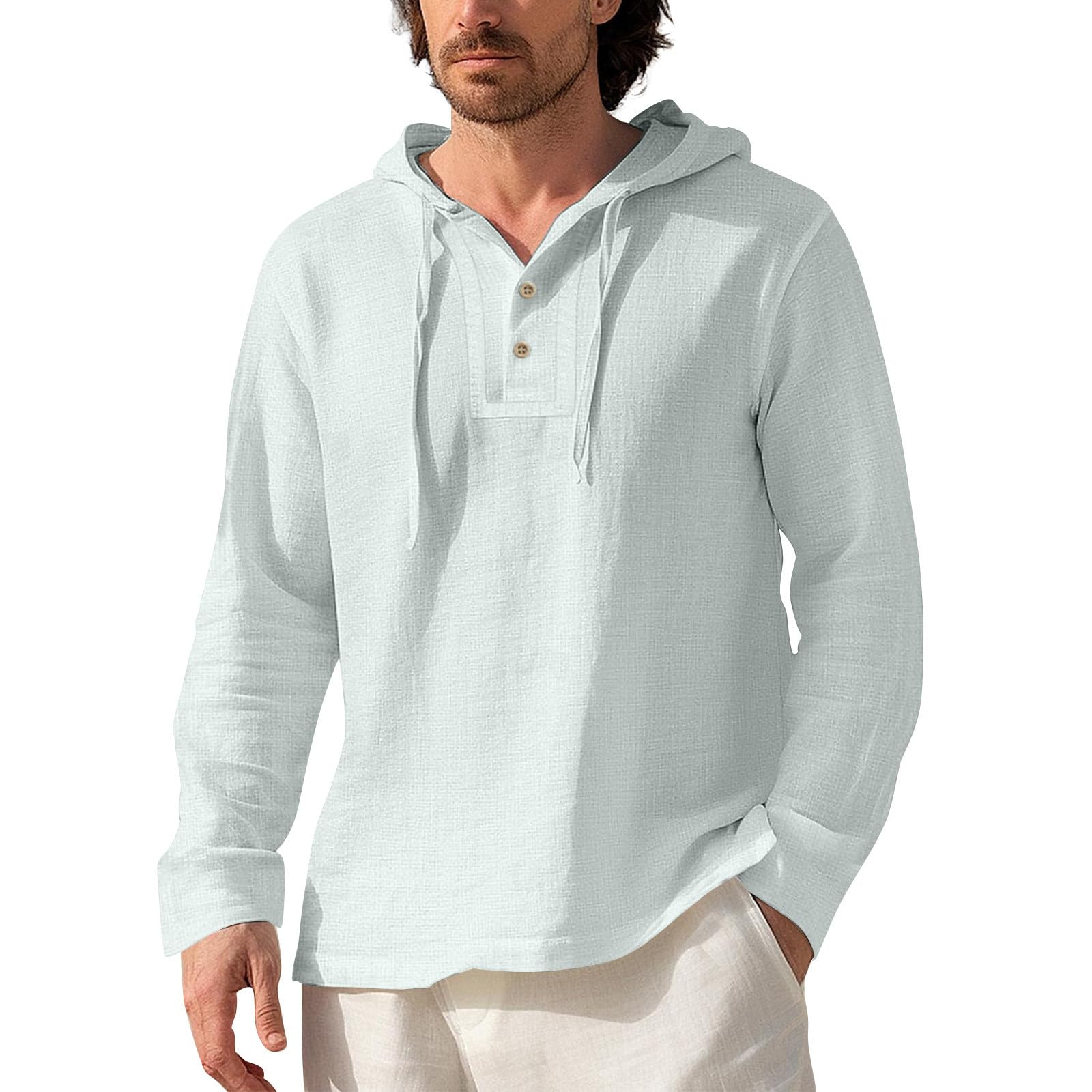 Mens Cotton Linen Hoodies Sun Protection Lightweight Beach Shirt Long Sleeve V Neck Button Down Hooded Shirt