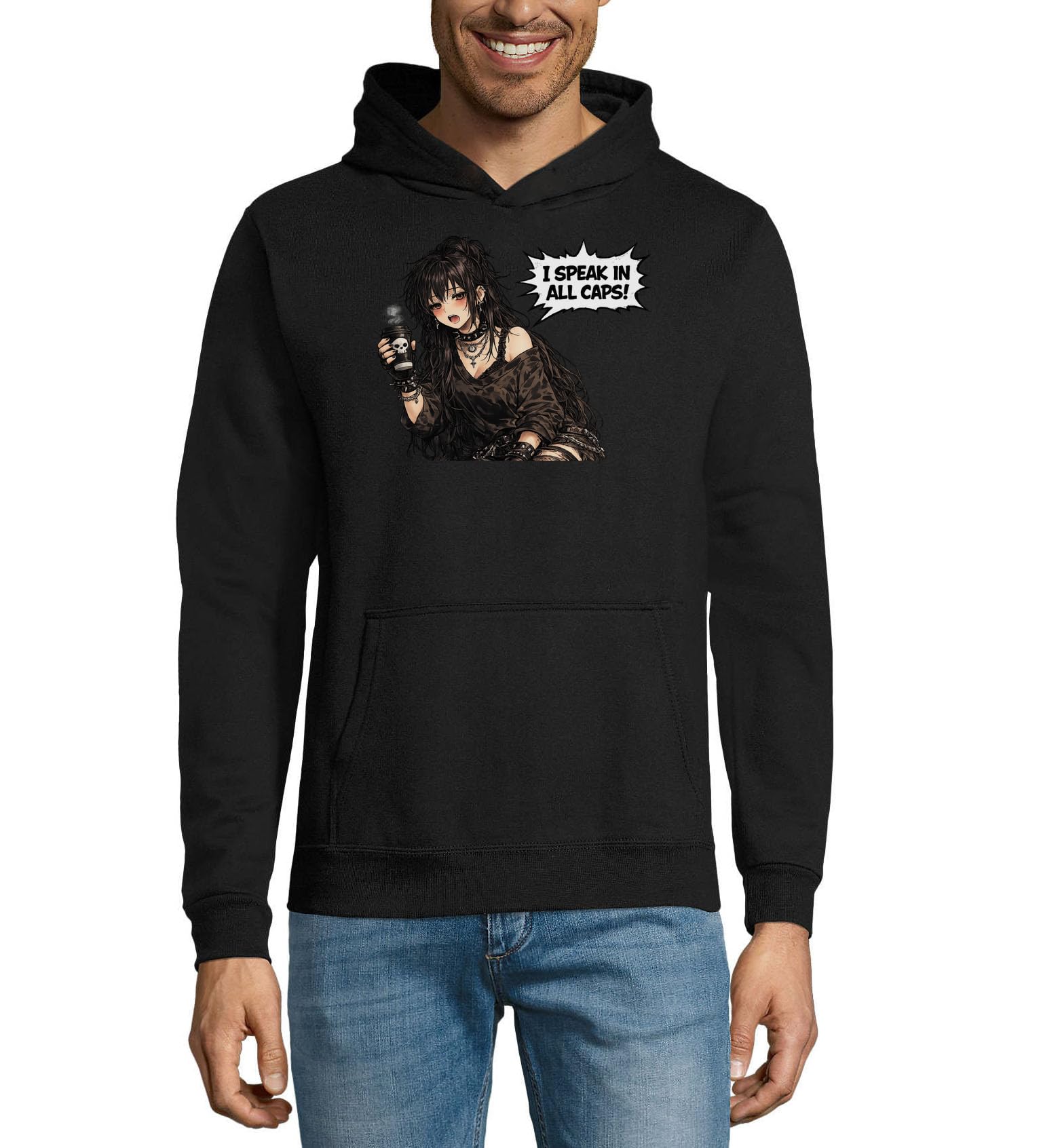 Edgy Girl Holding Hot Drink - Sudadera con capucha unisex de mezcla de algodón, color negro