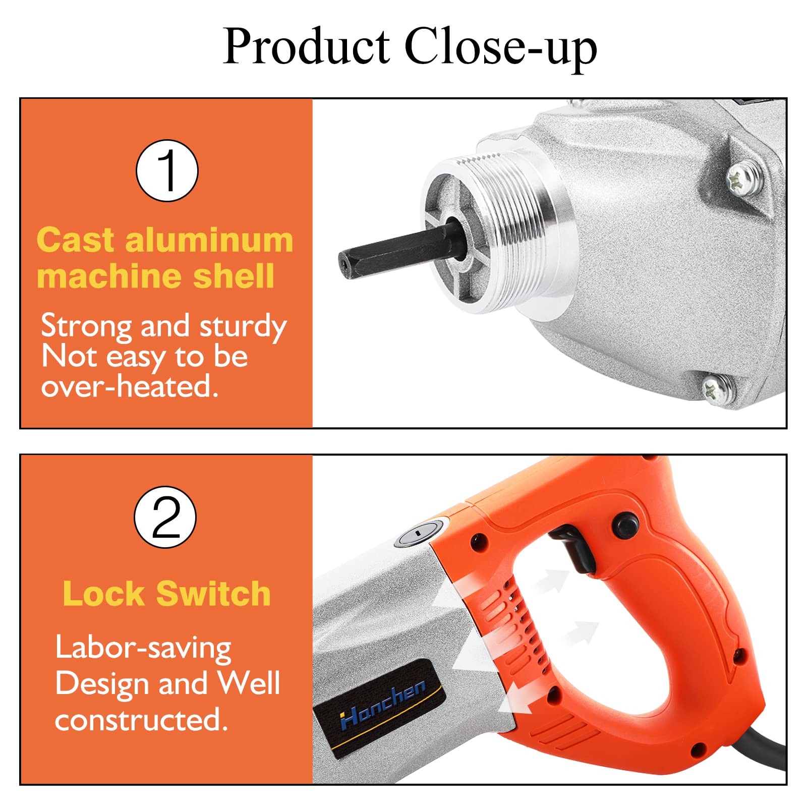 Hanchen Vibratore per Calcestruzzo Industriale 1900W Ago Vibrante per Calcestruzzo Portatile 50mm Vibratore per Cemento Elettrico 6800 giri/min con 2m Tubo