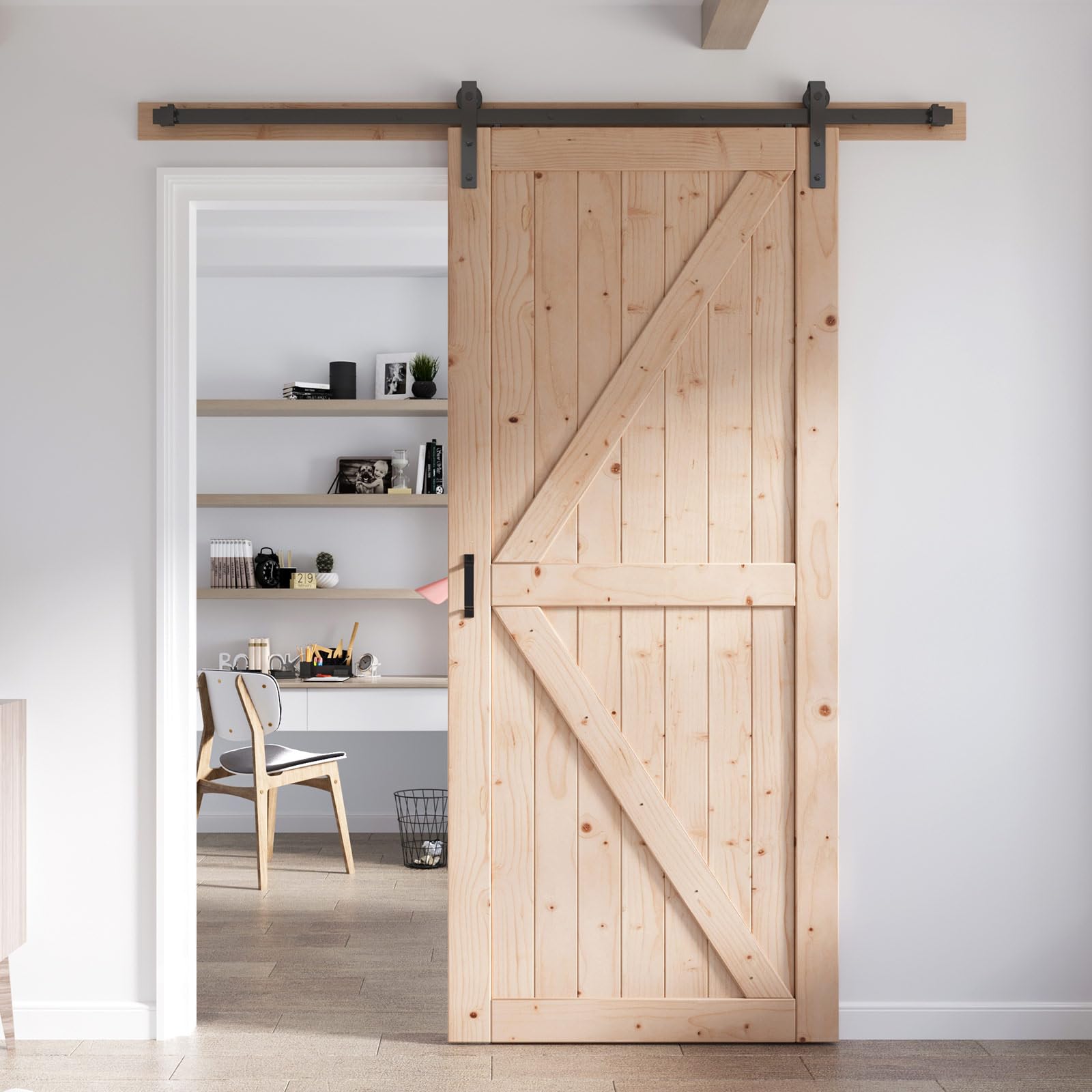 FREDBECK 42in x 96in Wood Barn Door with 7FT Barn Door Hardware Kit Included K Shape Solid Spruce Wood Panel Need to Assembly