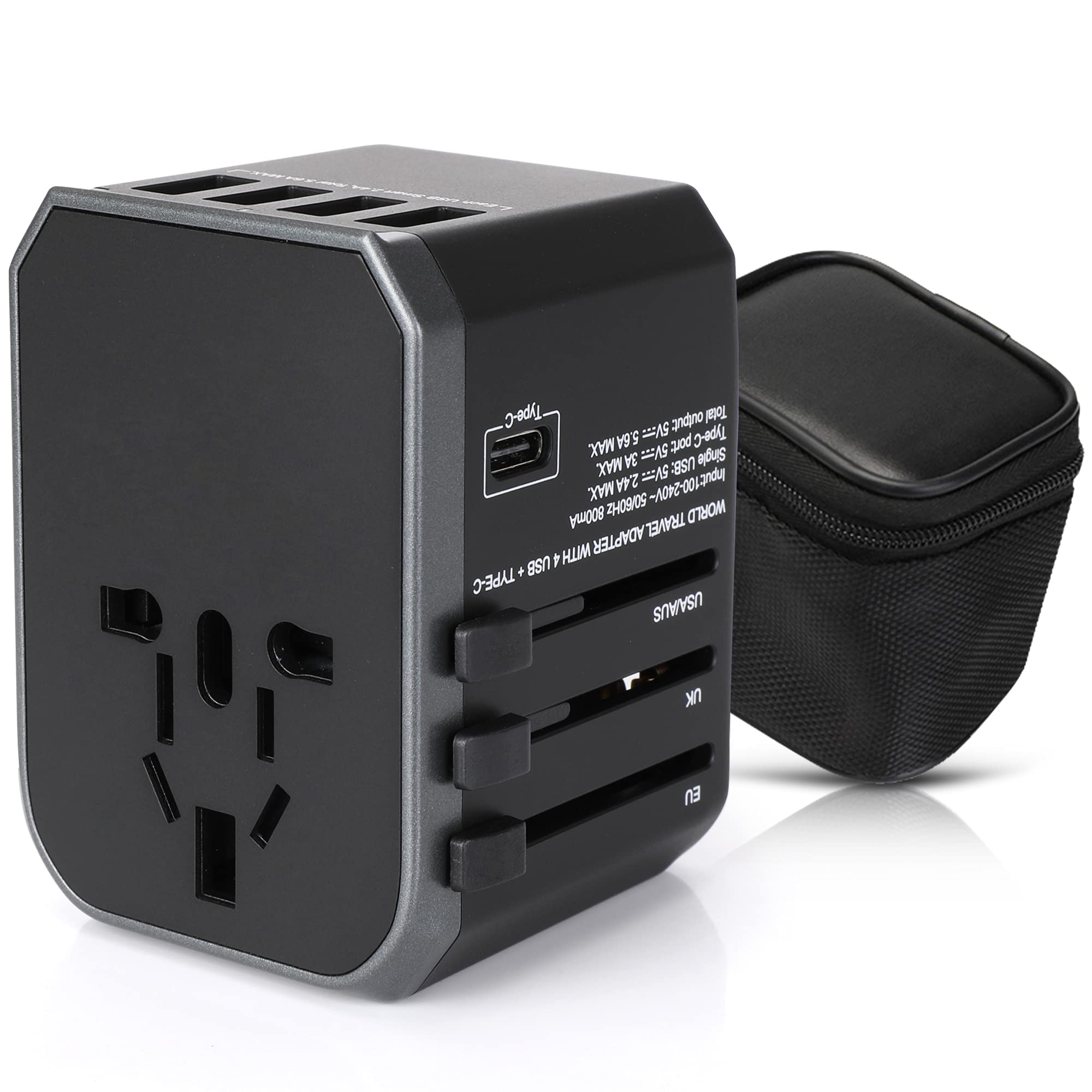 Upgraded Universal Travel Adapter One International Wall Charger AC Plug Adaptor with 5.6A Smart Power and and 3.0A USB Type-C for USA EU UK AUS [Travel Case Included]