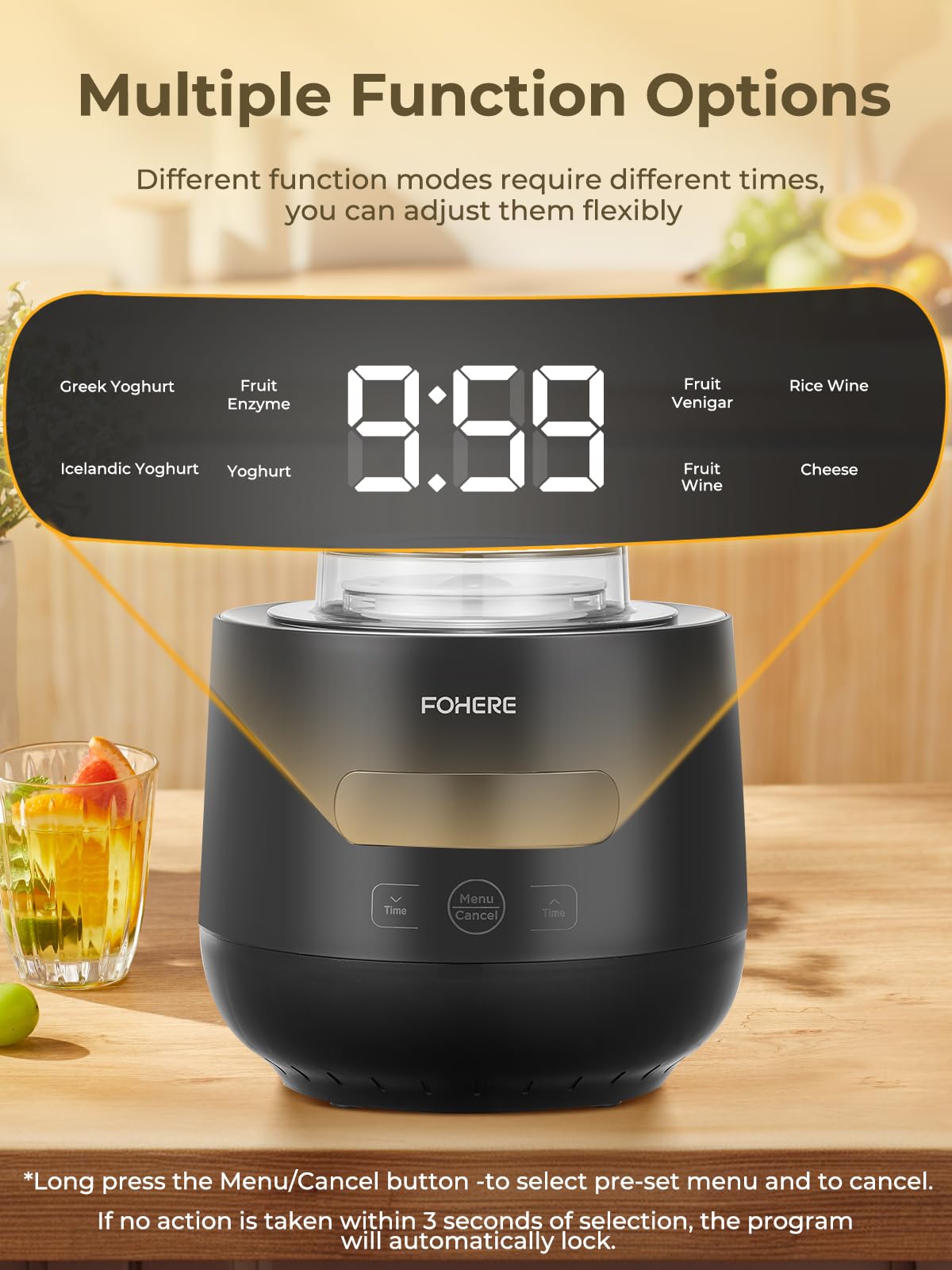 FOHERE Yogurtiera Elettrica con 2 XXL Vasetti da 2000 ml e 1400 ml, 4 * 125 ml Contenitori con Coperchio, 8 Programmi Preimpostati, Accessori per Yogurt Greco, Timer Digitale, 100% BPA Free