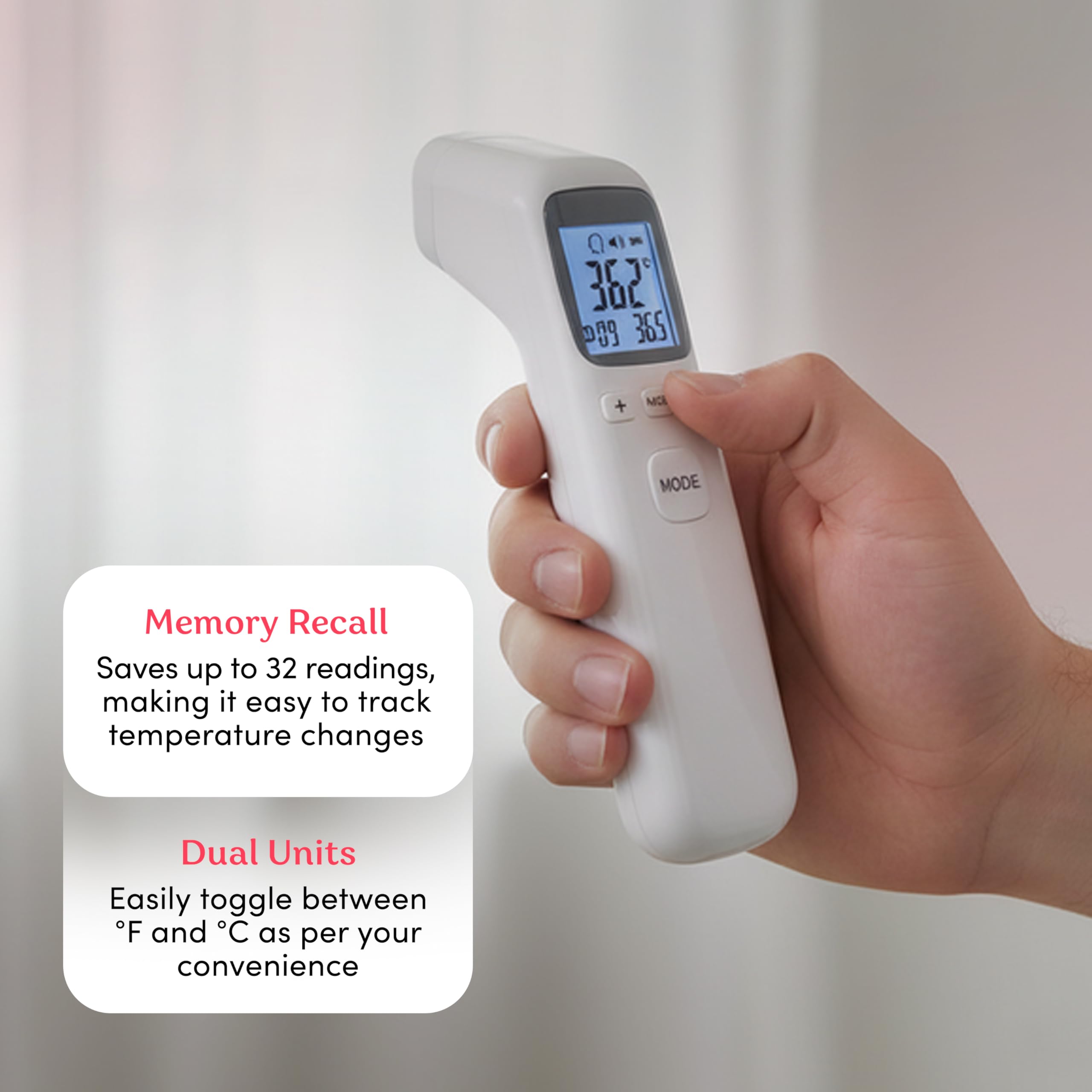 Smart Med Alert Infrarot-Stirnthermometer, 1-Sekunden-Anzeige, Fieberalarm, berührungslose Messung, 32 Speichersets, 3 farbcodierte Anzeigen, Thermometer für Erwachsene, Kinder u