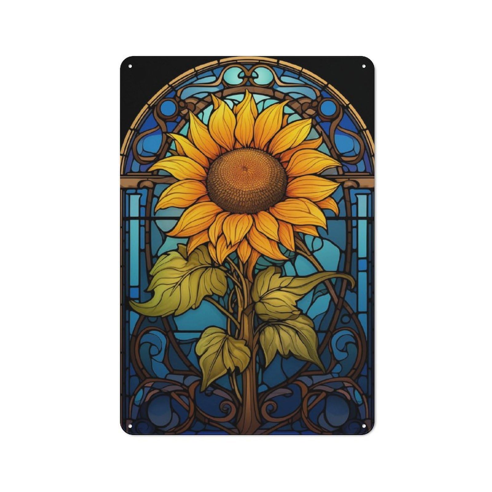 Junmoney Stained Glass Sunflower For Lounge Or Reading Corner, Rustic Tin Sign 30X20cm, For An Autumn Update To Lounge And Reading Corner
