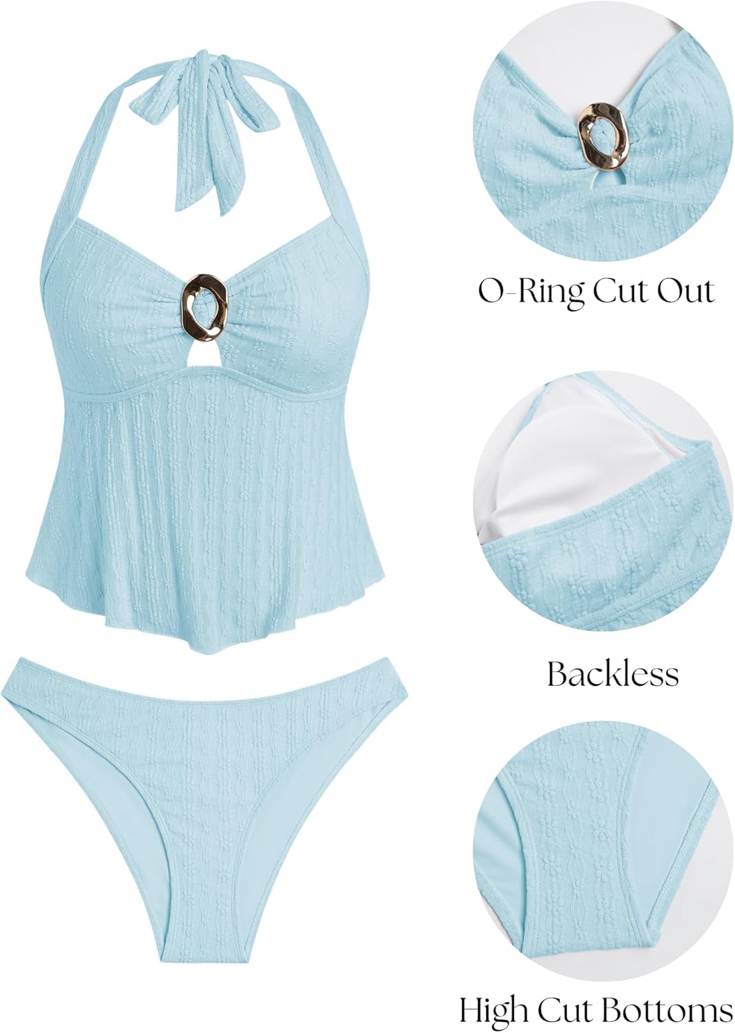 ZAFUL Halter Tankini Swimsuits for Women Lace O-Ring Cut Out Two Piece Tummy Control Swimsuits Bathing Suits