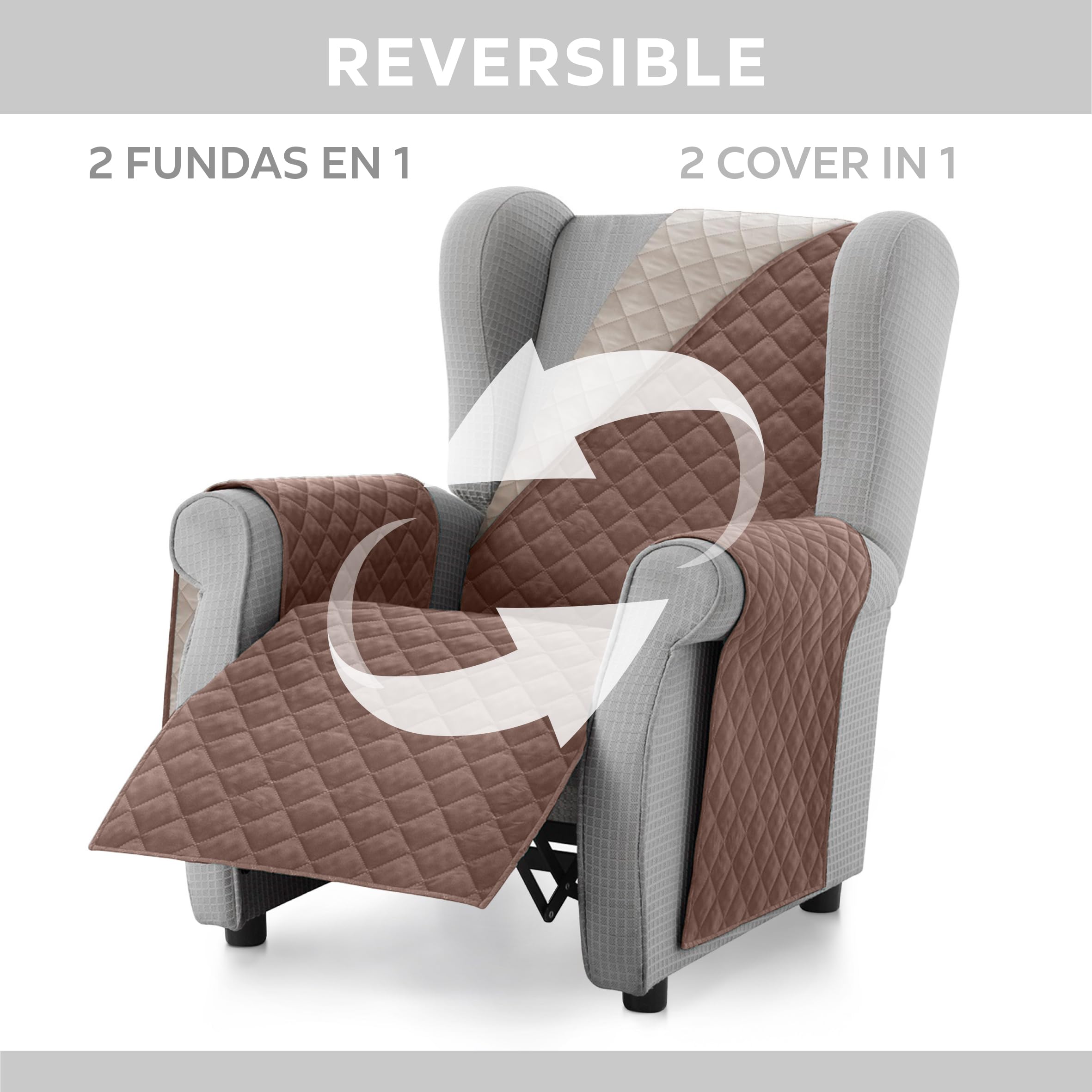 Textilhome Copridivano Malu 1 Posti con Braccioli – Copripoltrona Relax e Orecchioni Reversibile, Imbottito, Protezione Antigraffio per Divani, Colore Marrone