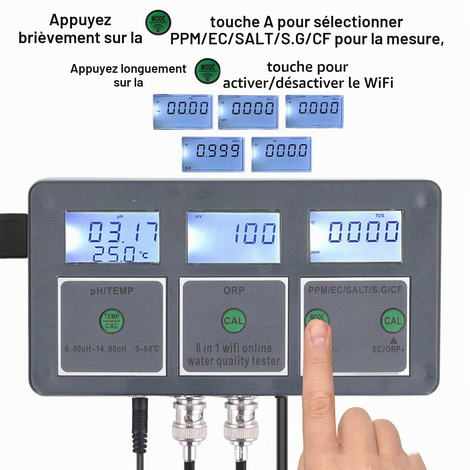 Testeur de qualité de L'eau Multi-paramètres, PH-mètre S.G PH EC SALT ORP TDS CF TEMP 8 en 1 Surveillance en Ligne Rechargeable pour Aquarium