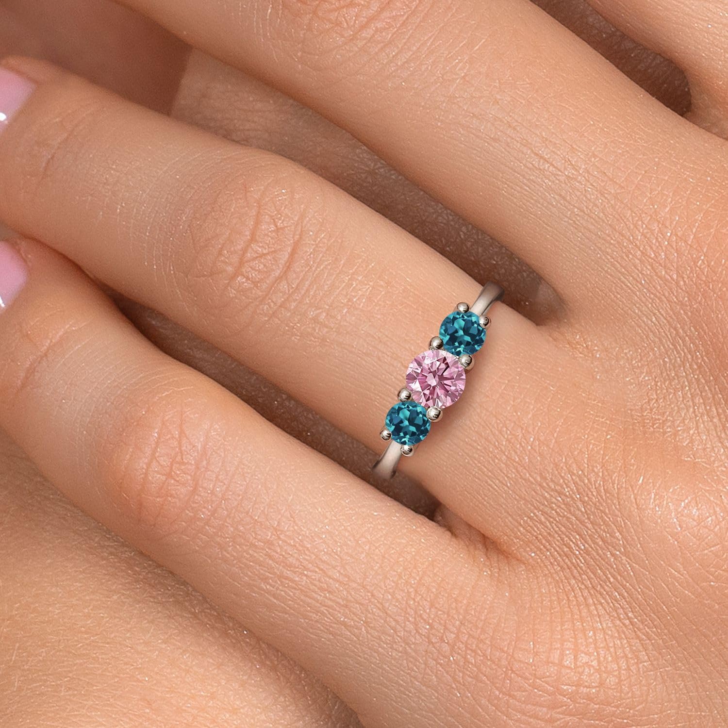 Gem Stone King 14K White Gold Pink Lab Grown Diamond & London Blue Topaz 3-Stone Engagement Ring | 1.16 Cttw | Round 5MM and 4MM | 3 Stone Wedding Anniversary Promise Ring For Women - Image 4