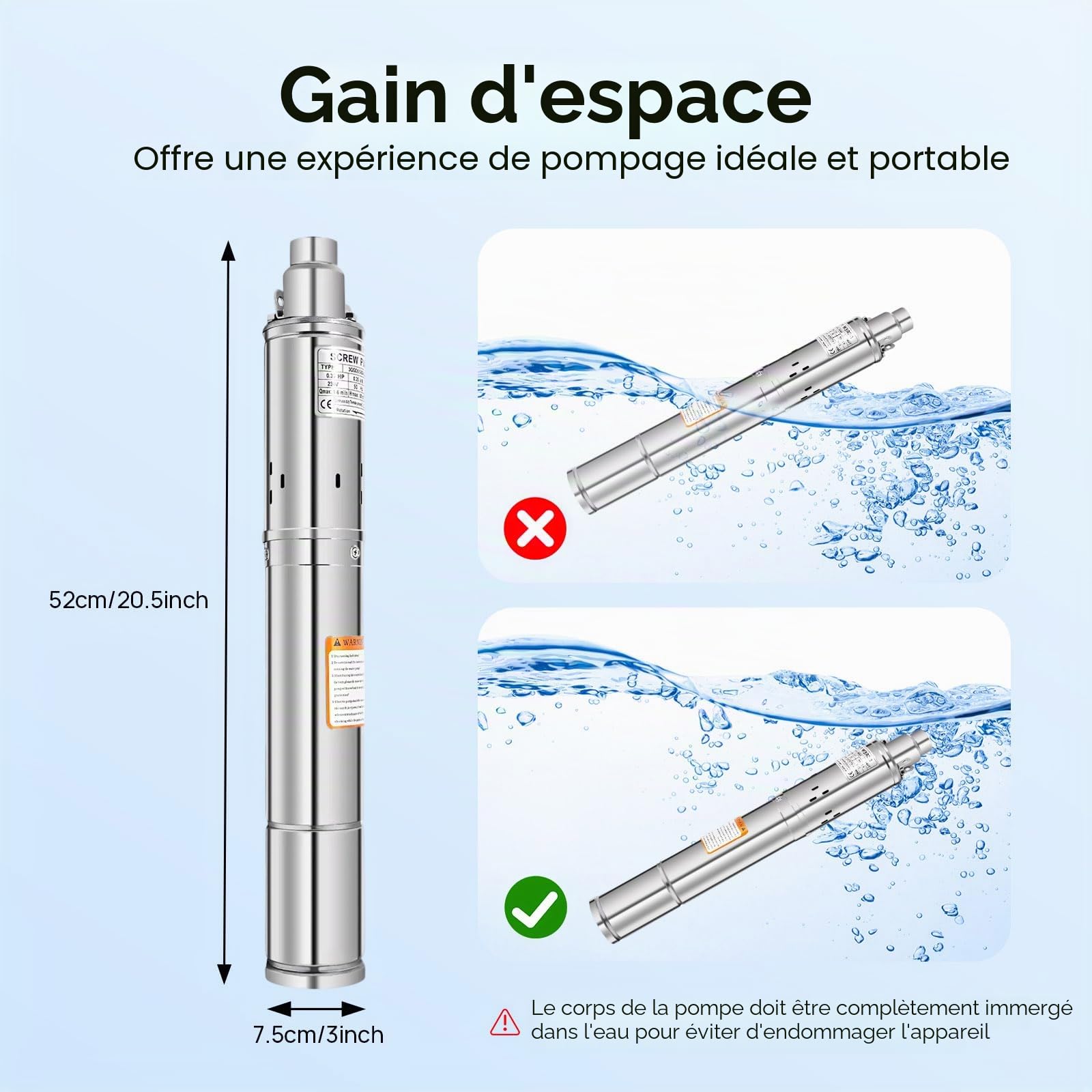 Pompe de puits, pompe de puits profond, 250 W, acier inoxydable 304, hauteur de refoulement 80 m, 1600 l/h, IP68, câble de 20 m, silencieuse 20 dB, raccord de 2,5 cm, pour arrosage de jardin, réseau