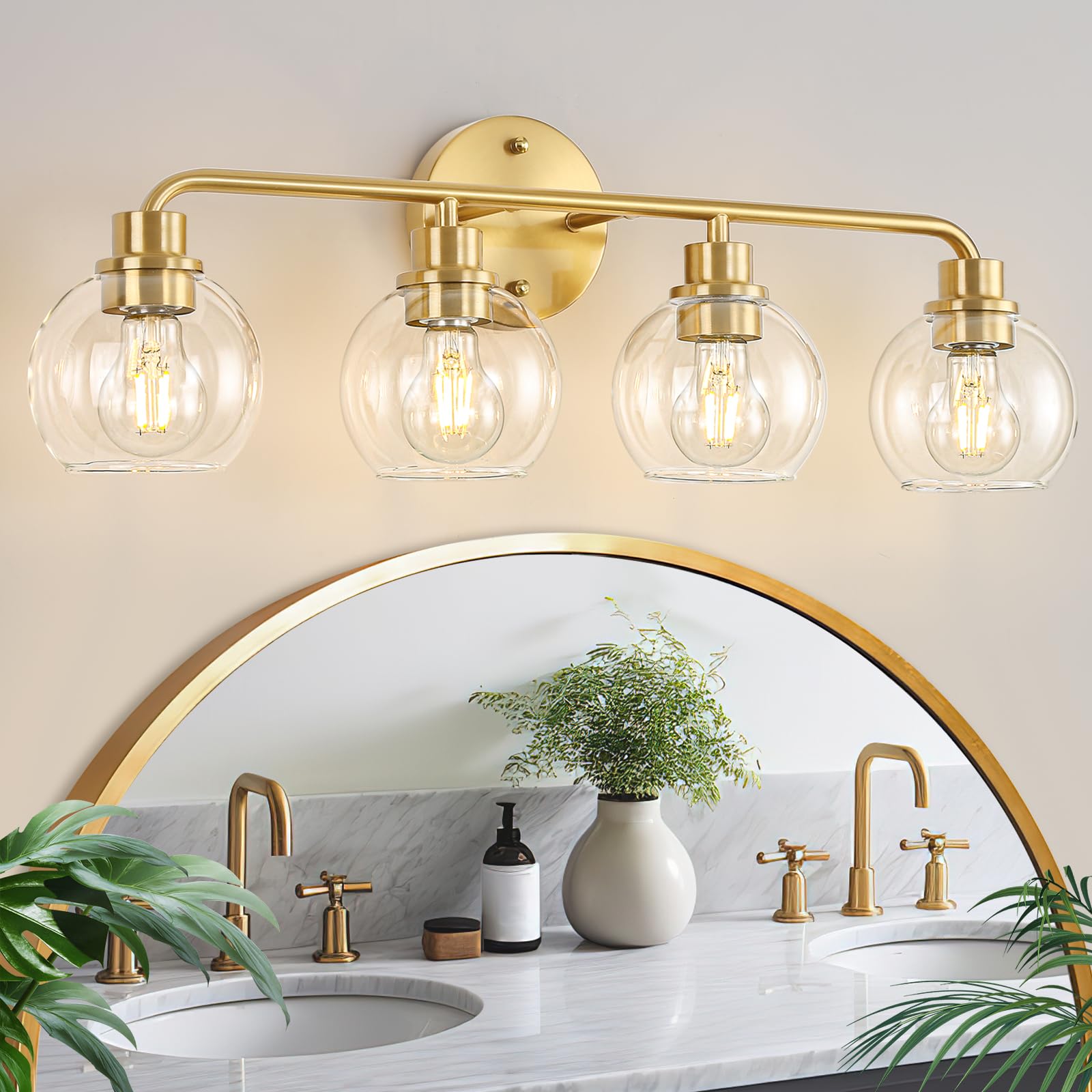 Bathroom Light Fixtures Gold Vanity Light 4 Light Wall Sconces Lighting Brushed Brass Lights with Clear Globe Glass Shades Bath Wall Lamp for Mirror Kitchen Living Room Bedroom Hallway 27 Inch