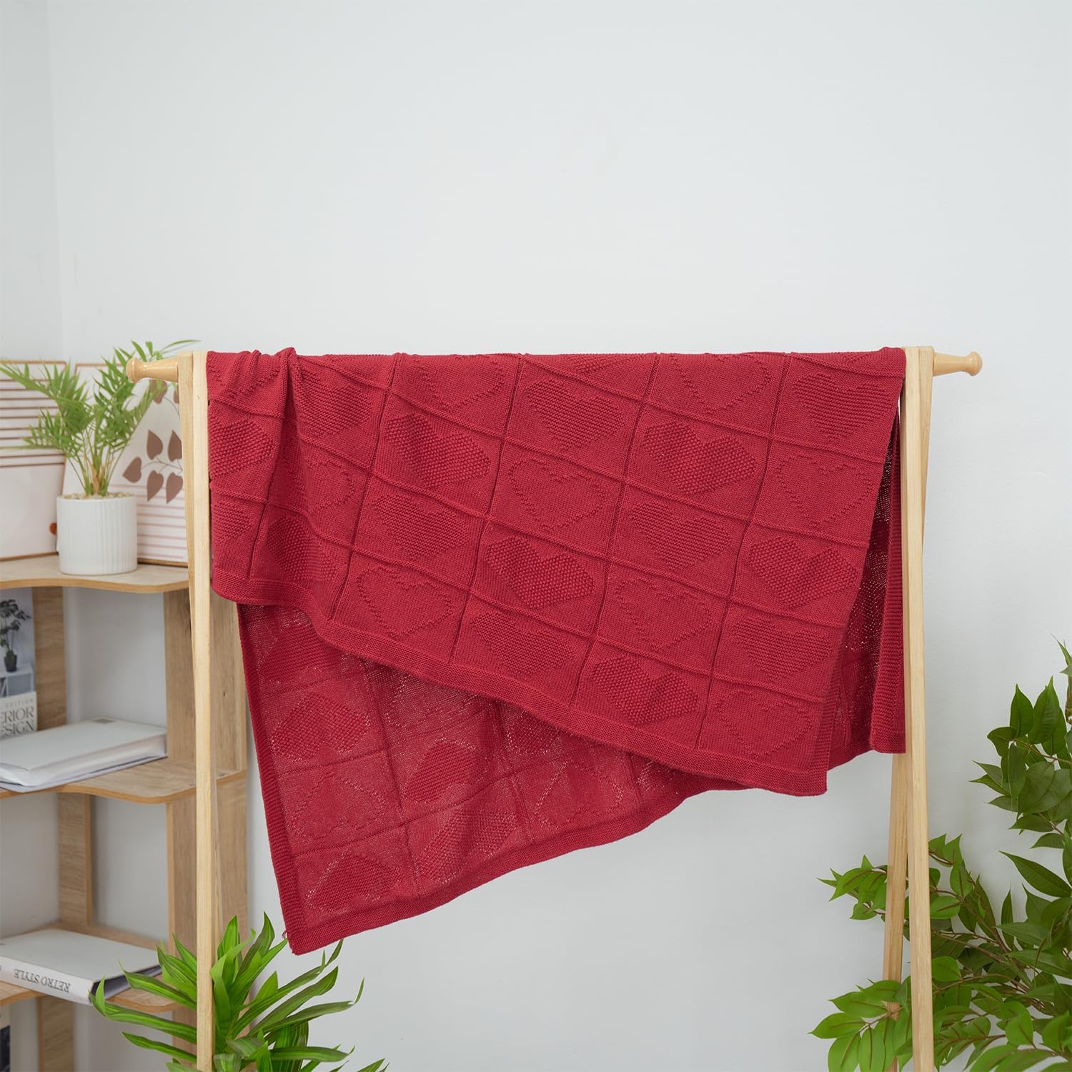 Baby Knit Cotton Blanket Red Heart Texture Soft Cotton Nursery Crib Throw for Baby Shower Birthday Size 30x40