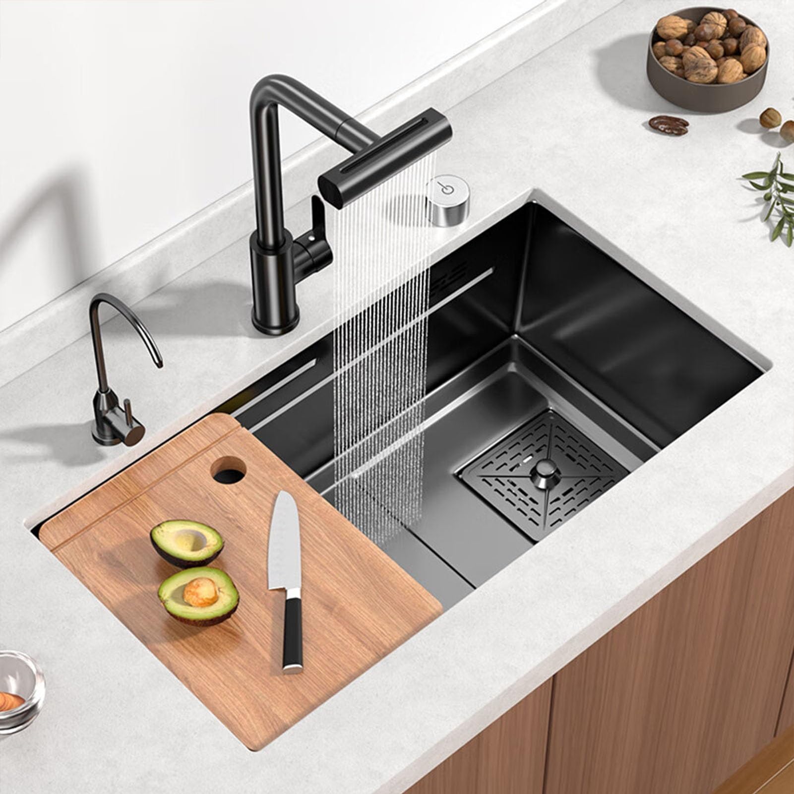 ZQFHSX Stainless Steel Drop-In Kitchen Sink with Waterfall Faucet & Pull Down Sprayer Single Bowl Workstation Black 65x45x20cm Includes Multiple Accessories