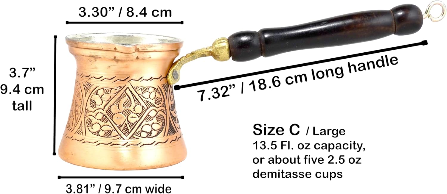 Hand Engraved and Decorated Thick Copper Coffee Pot with Wooden Handle (Type28, C/Large 13.5 Fl. oz or Five 2.5 oz demitasse cups of coffee)