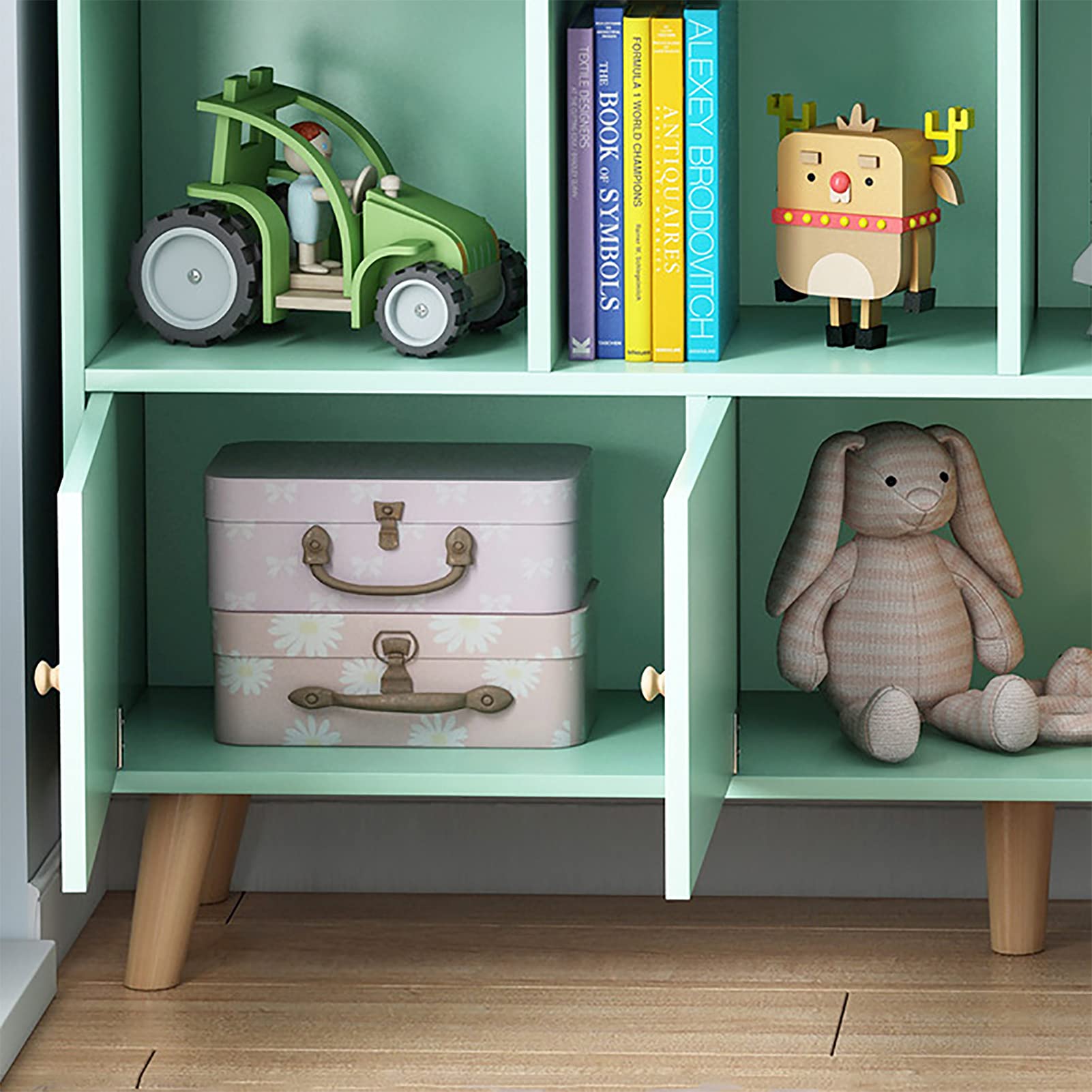 Bücherregal-Aufbewahrungsregale, Bücherregal aus Holz mit Türen, bodenstehendes Vitrinenregal mit Beinen, würfelförmiger Bücherregal-Organizer für Wohnzimmer, Schlafzimmer, Heimbüromöbel, We