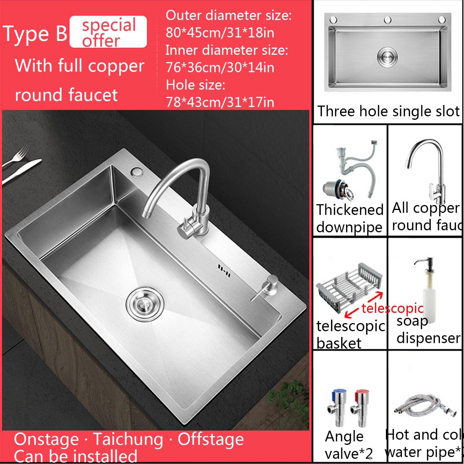 Lavello da cucina sottotop di alta qualità, 1 vasca, in acciaio inox, rubinetto estraibile e rubinetto dell'acqua pulita, ideale per bar, hotel e sale da pranzo (dimensioni speciali del modello)