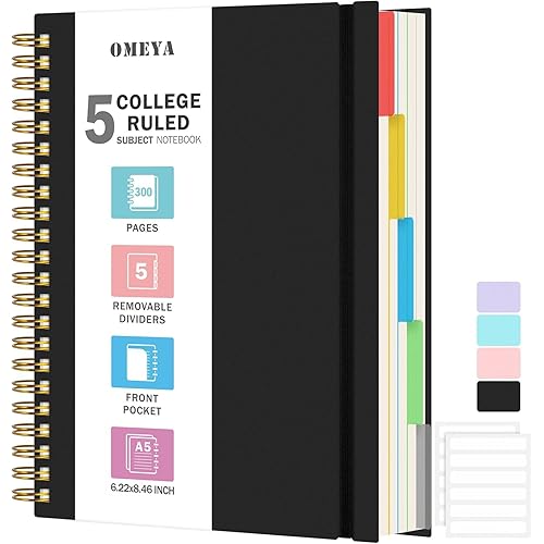 5 Subject Notebooks College Ruled, Spiral Lined Notebook with Removable Dividers, 300 Pages 100GSM Thick Spiral Writing Journal for Women & Men, Large A5 Notebooks for Work, School Supplies, 6" x 8"