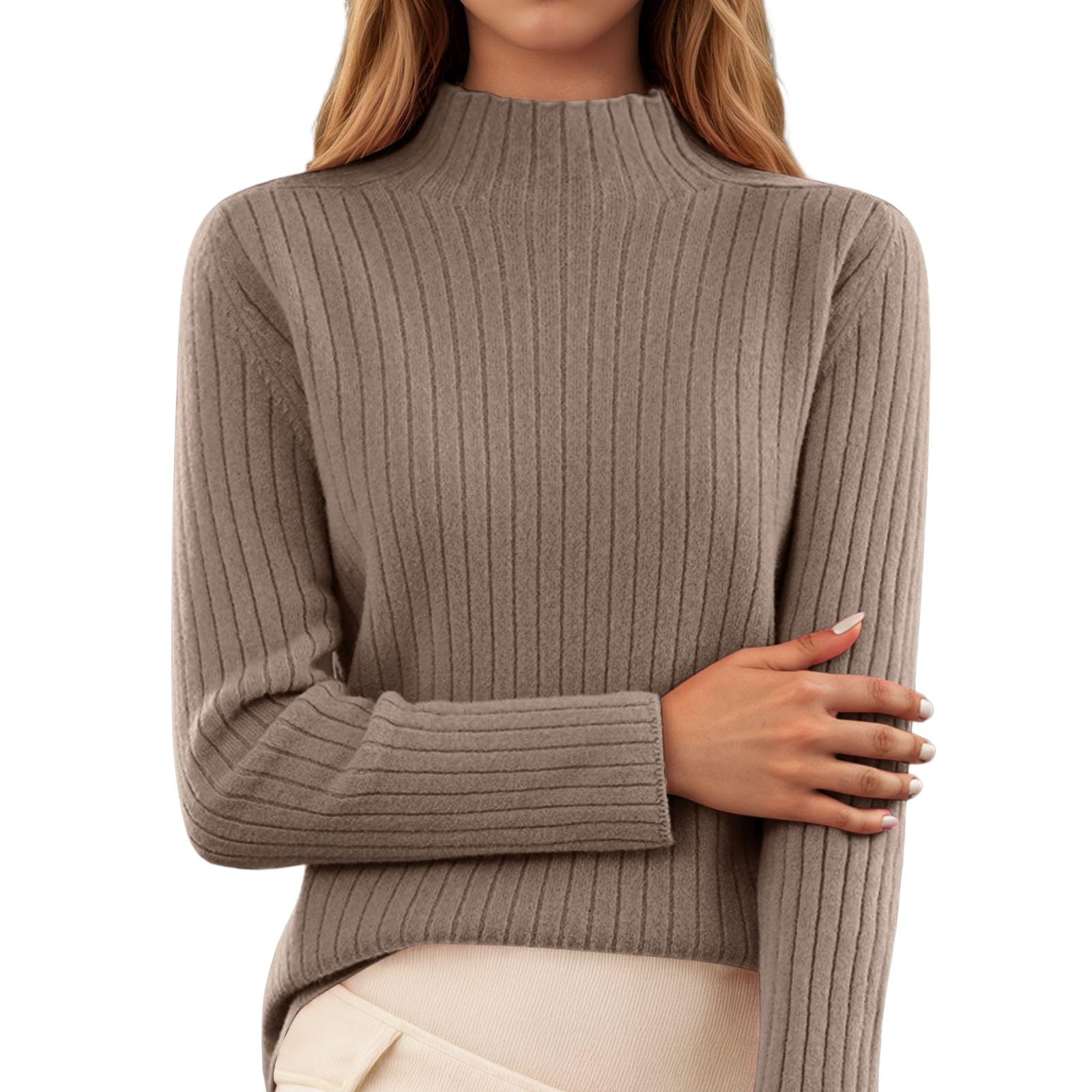Womens Mock Neck Sweaters 2025 Fall Fitted Long Sleeve Pullover Knitted Shirts Ribbed Knit Basic Tunic Tops