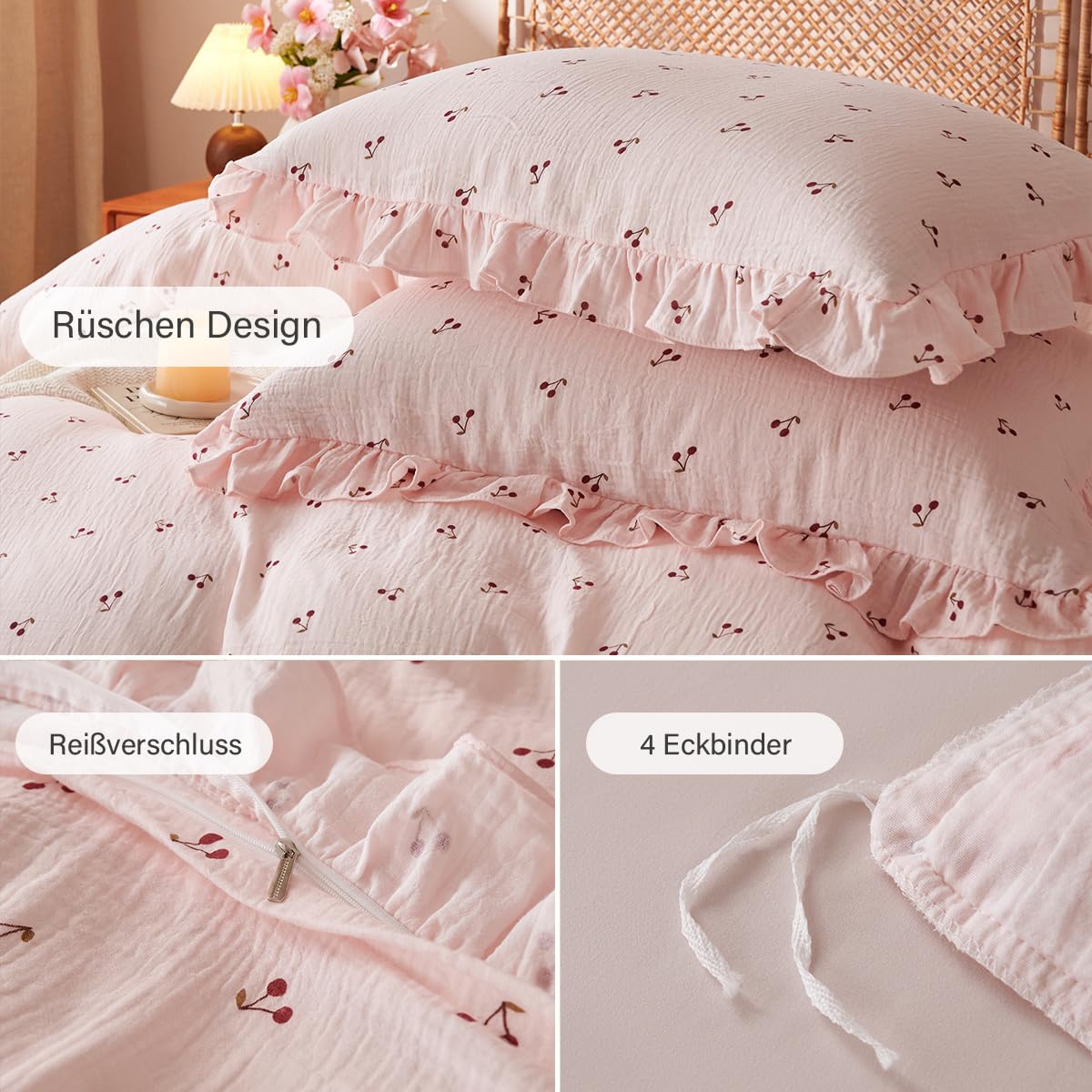 Sedefen Musselin Bettwäsche 220x240 Baumwolle Rosa Kirsche Mädchen Bettwäsche-Set mit Rüschen ÖKO-TEX Bettwäsche Musselin mit Reißverschluss, Bettbezug mit 2 Kissenbezüge 80x80 cm